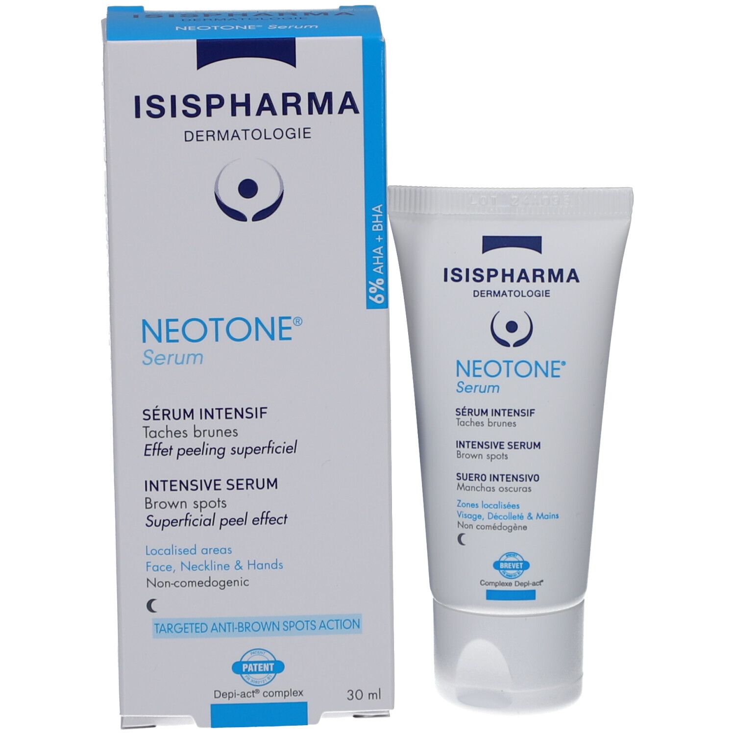 Produktverpackung und Tube. Verpackung: Weiß-blau, Produktname und Logo. Tube: Weiß, Produktname. Beide: Sérum Intensif.