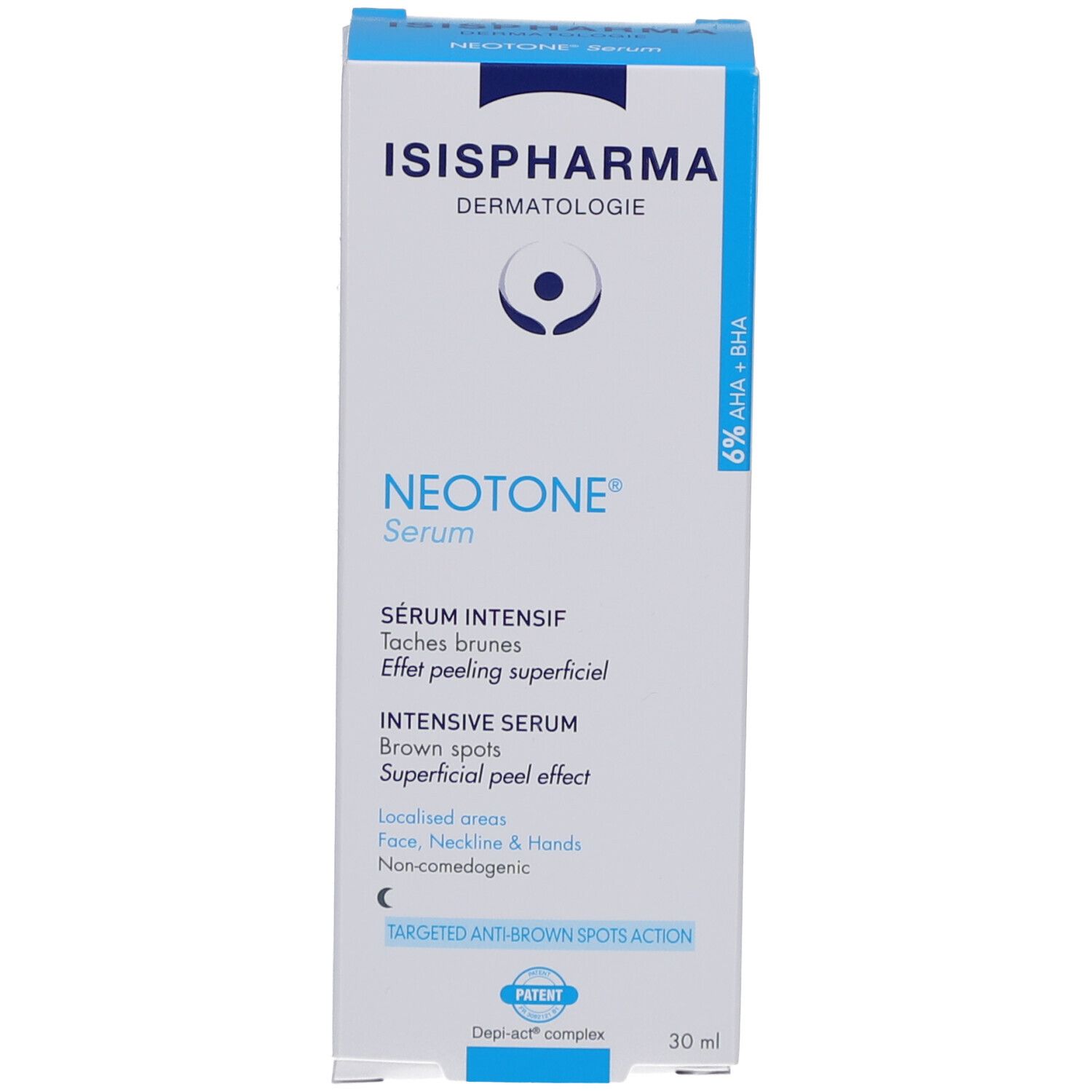 Weiße Verpackung mit blauem Deckel. Produktname und Logo. Text: Sérum Intensif, Intensive Serum, Suero Intensivo. 6% AHA + BHA.