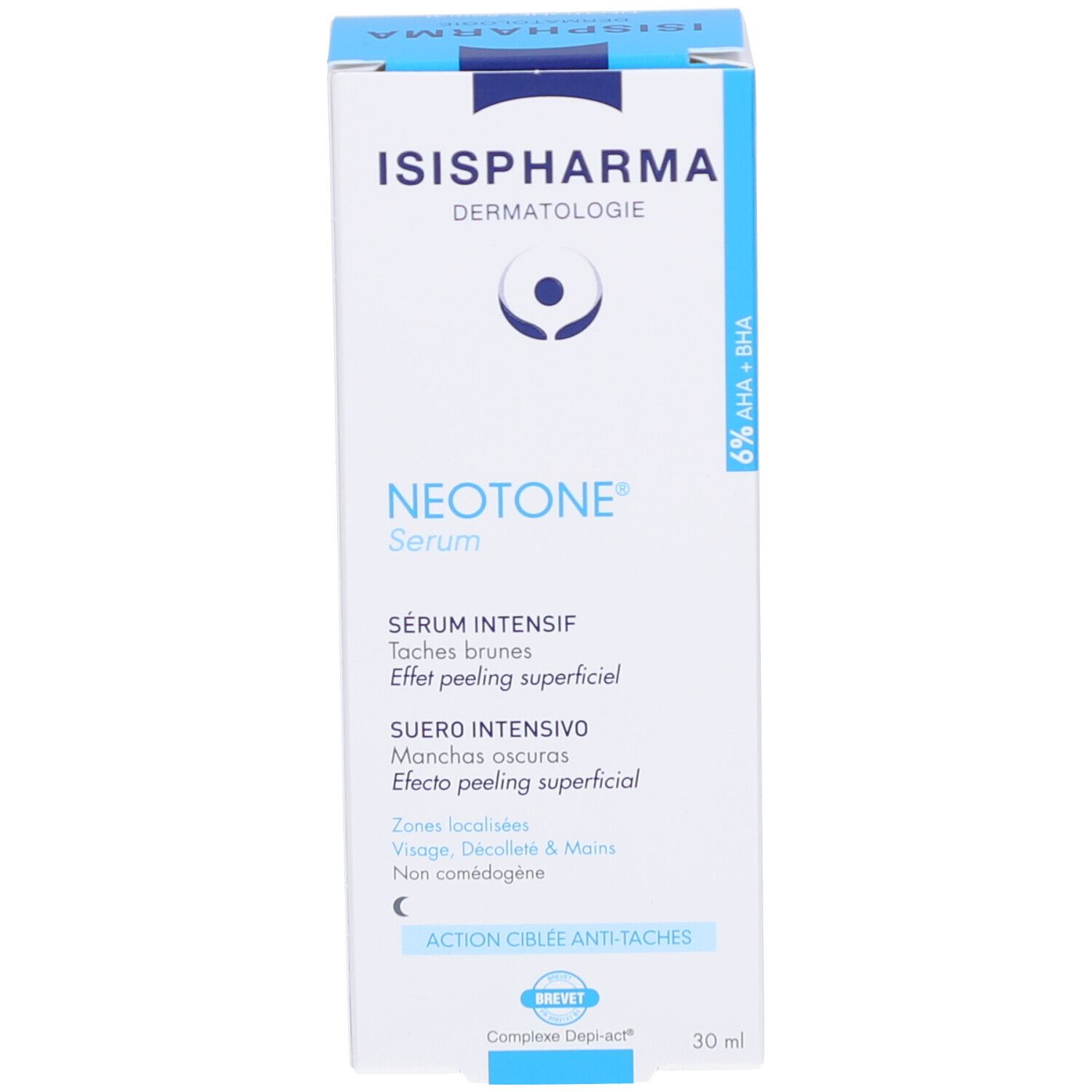 Weiße Verpackung mit blauem Deckel. Produktname und Logo. Text: Sérum Intensif, Intensive Serum, Suero Intensivo. 6% AHA + BHA.