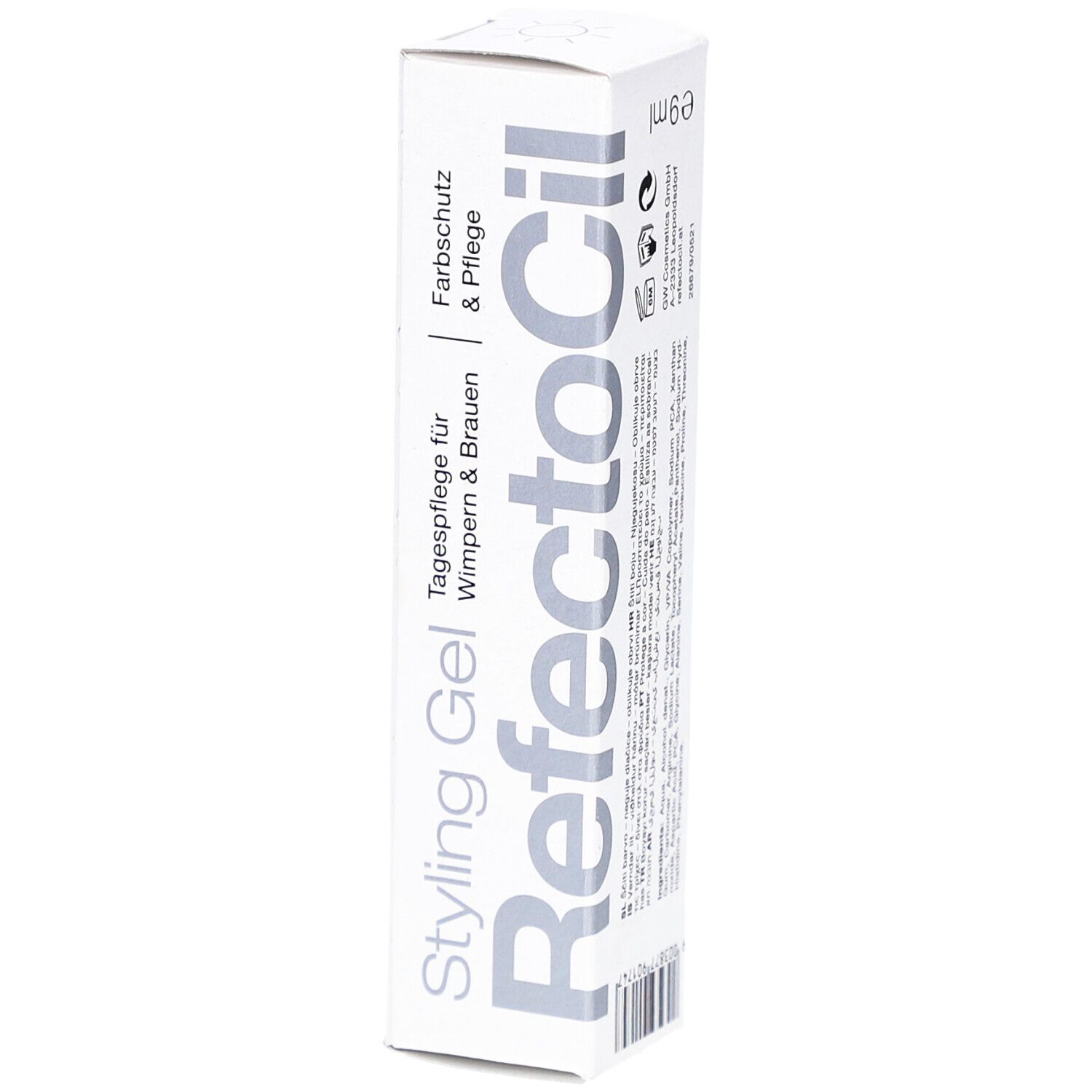 Styling Gel-Verpackung. Weißer Karton mit Produktnamen und Text. Farbschutz & Pflege für Wimpern & Brauen.