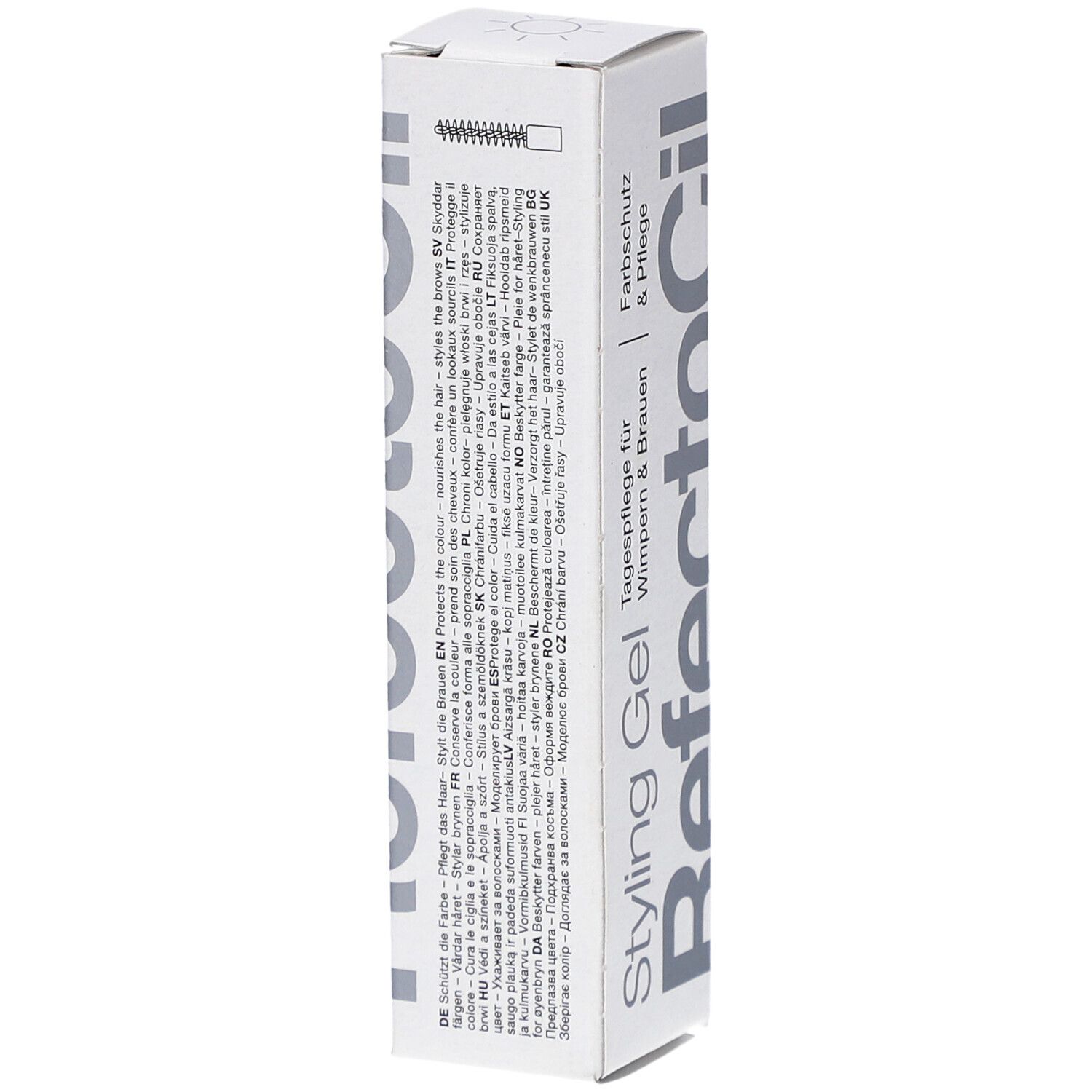 Styling Gel-Verpackung. Weißer Karton mit Produktnamen und Text. Mehrsprachiger Text auf der Seite.