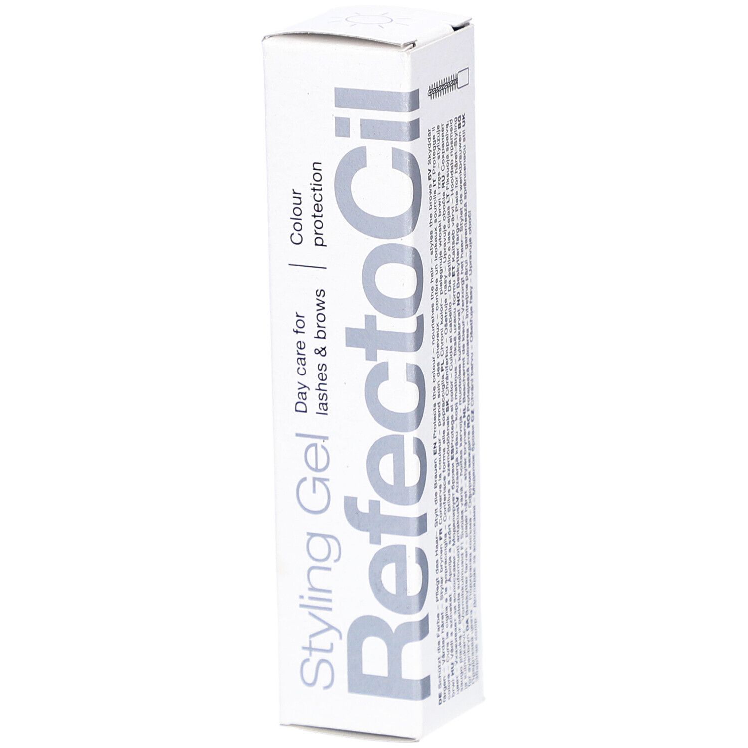 Styling Gel-Verpackung. Weißer Karton mit Produktnamen und Text. Tagspflege für Wimpern & Brauen.