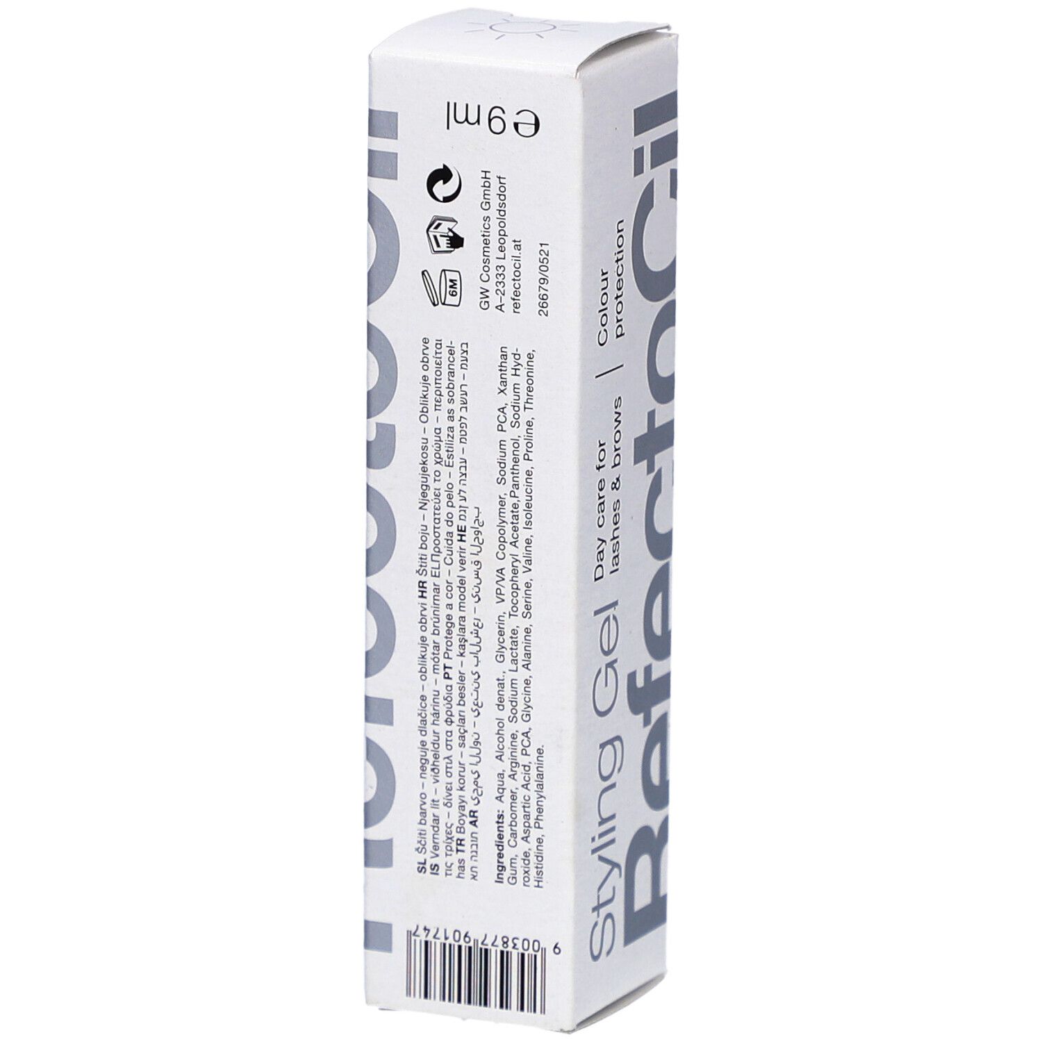 Styling Gel-Verpackung. Weißer Karton mit Produktnamen und Text. Inhaltsstoffe und Herstellerinformationen.