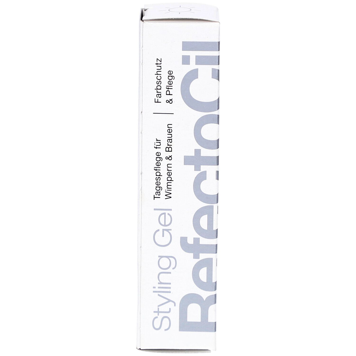 Styling Gel-Verpackung. Weißer Karton mit Produktnamen und Text. Farbschutz & Pflege für Wimpern & Brauen.