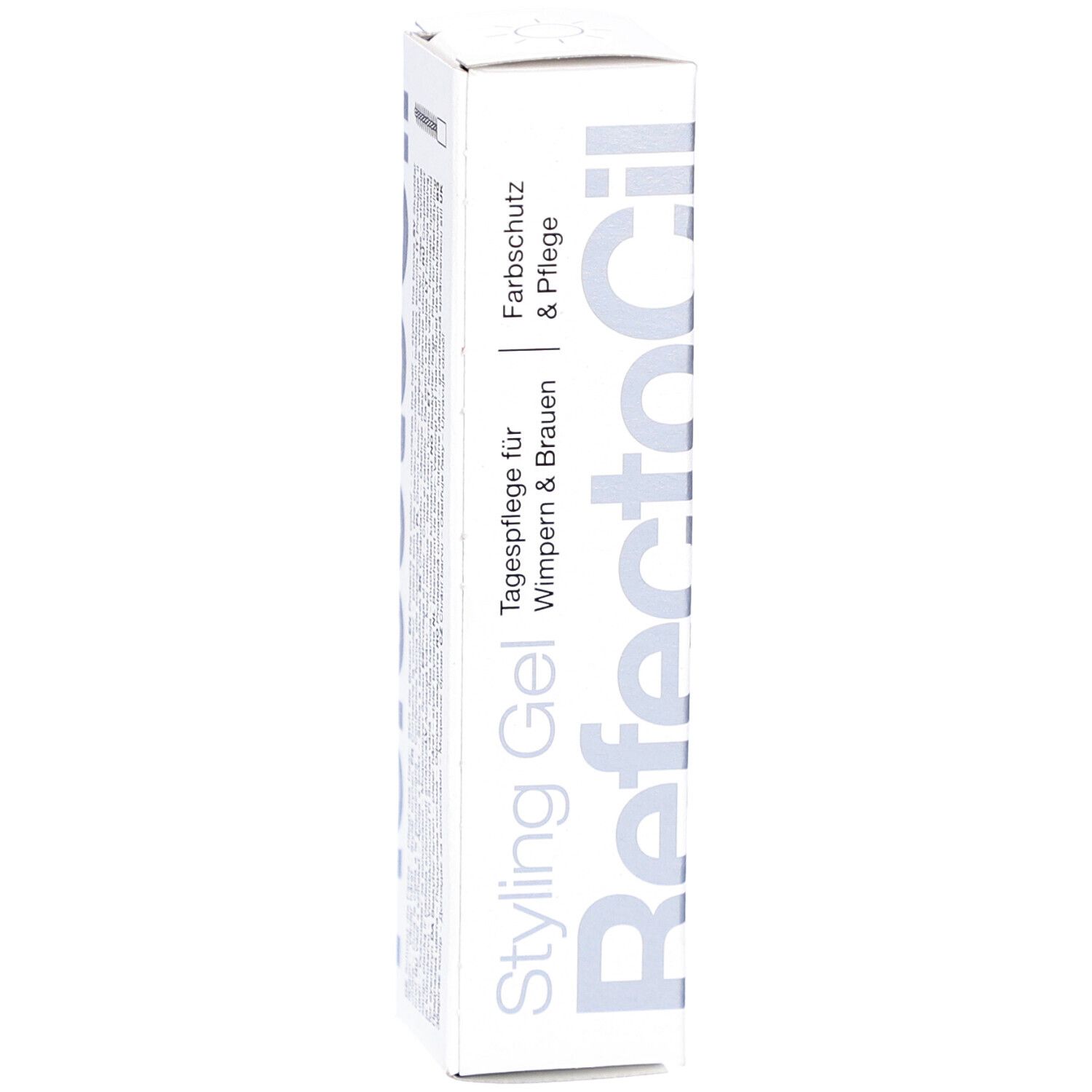 Styling Gel-Verpackung. Weißer Karton mit Produktnamen und Text. Farbschutz & Pflege für Wimpern & Brauen.