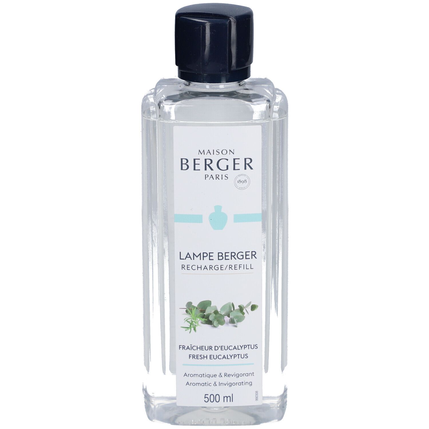 Recharge parfumée pour lampe. Maison Berger Paris, Eucalyptus frais. Flacon avec bouchon noir. 500 ml.
