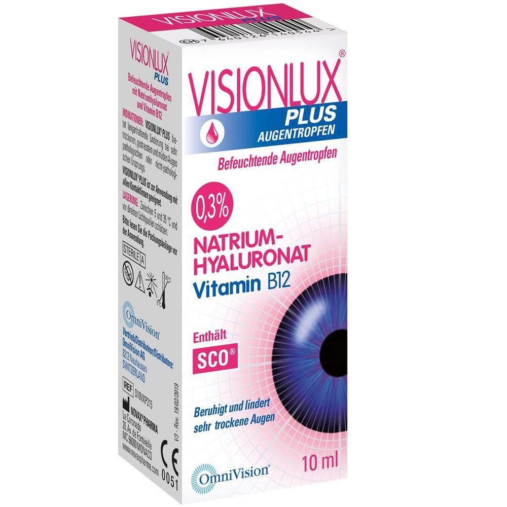 Boîte de VISIONLUX Plus Augentropfen. Contient 0,3% hyaluronate de sodium et vitamine B12. Flacon de 10 ml. OmniVision.