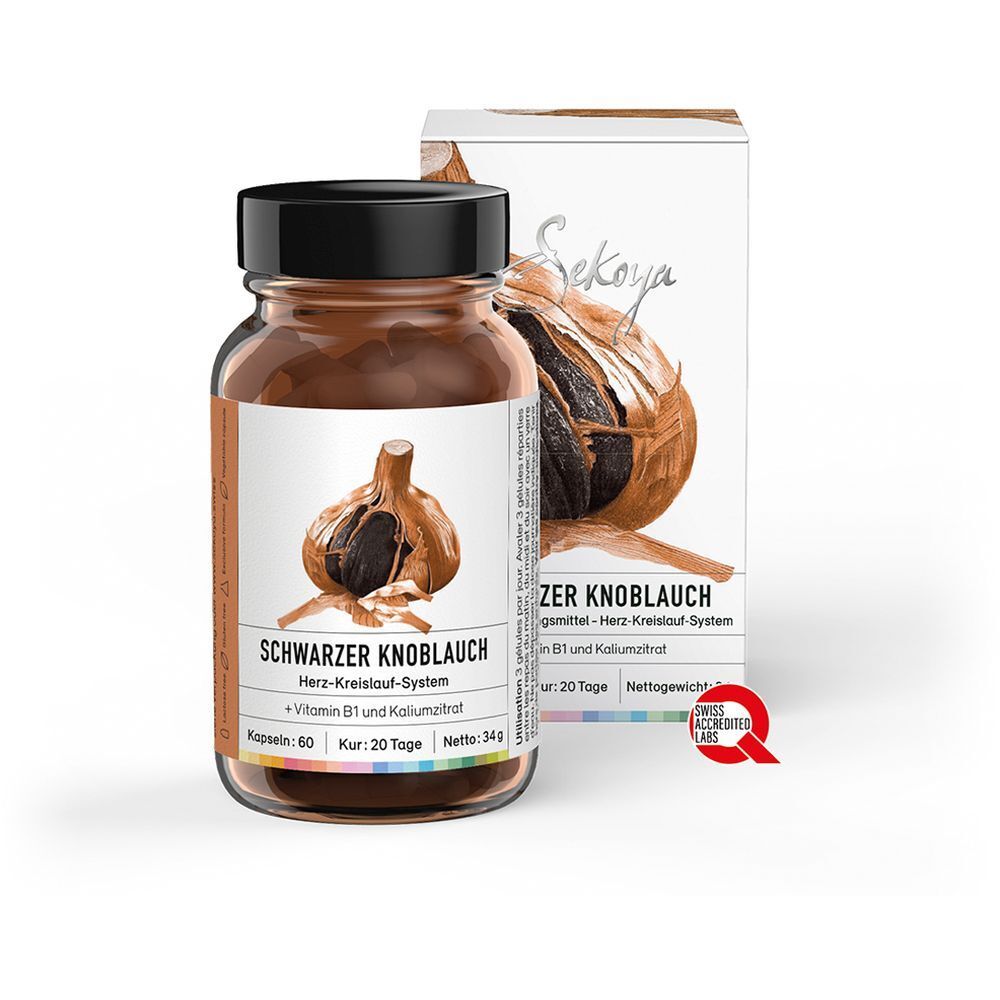 Flacon de gélules brunes avec bouchon noir, à côté d'une boîte avec image et texte du produit. Sceau de qualité suisse.