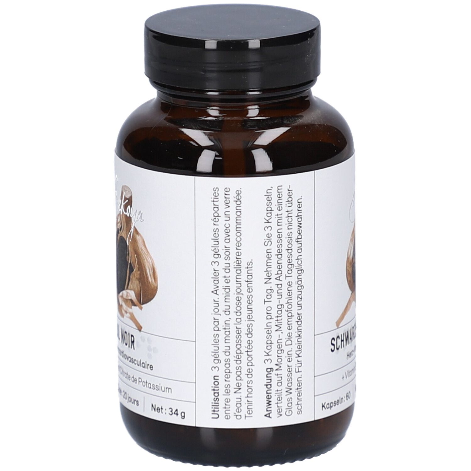 Braune Glasflasche mit schwarzem Deckel. Etikett mit Text und Abbildung. Schwarzer Knoblauch, 60 Kapseln.