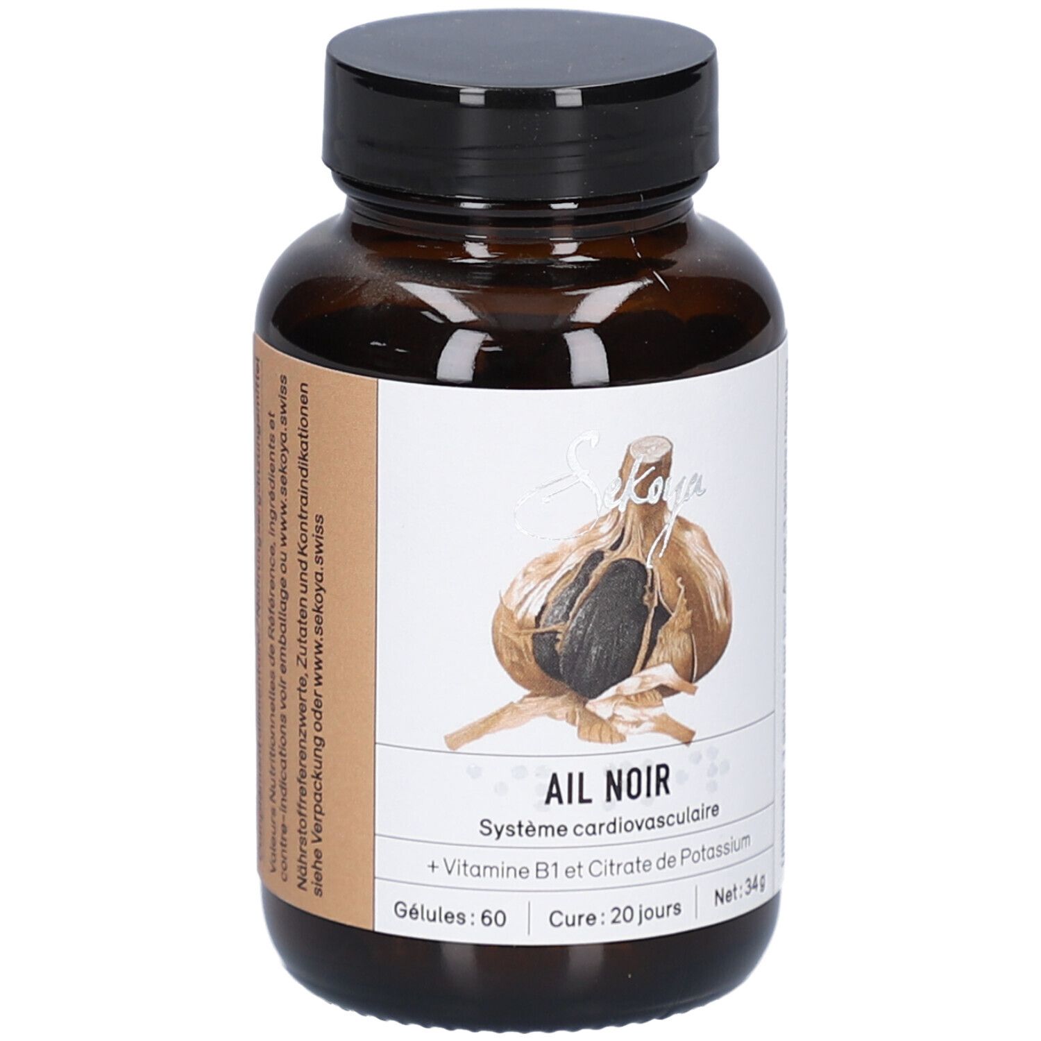 Braune Glasflasche mit schwarzem Deckel. Etikett mit Text und Abbildung von Knoblauch. Ail Noir, 60 Kapseln.