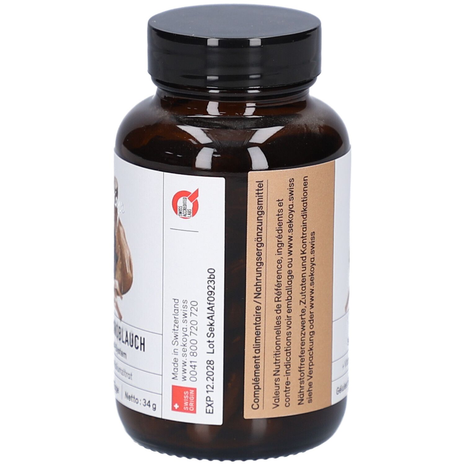 Braune Glasflasche mit schwarzem Deckel. Etikett mit Text. Schwarzer Knoblauch, 60 Kapseln. Hergestellt in der Schweiz.