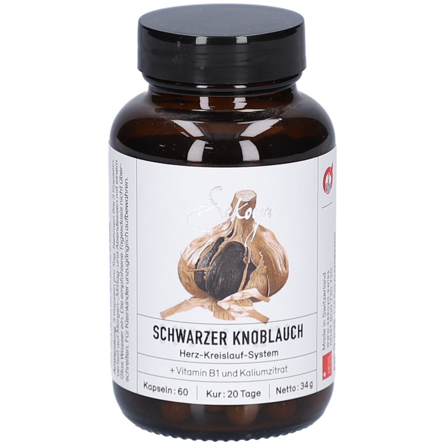 Braune Glasflasche mit schwarzem Deckel. Etikett mit Text und Abbildung von Knoblauch. Schwarzer Knoblauch, 60 Kapseln.