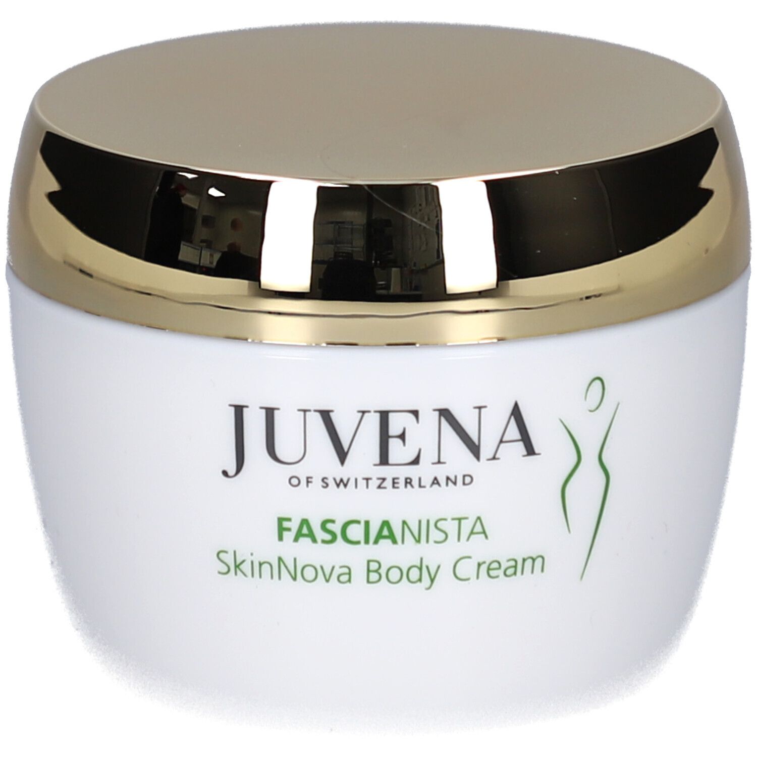 Pot blanc avec couvercle doré. Inscription: Juvena, Fascionista SkinNova Body Cream. Logo vert.