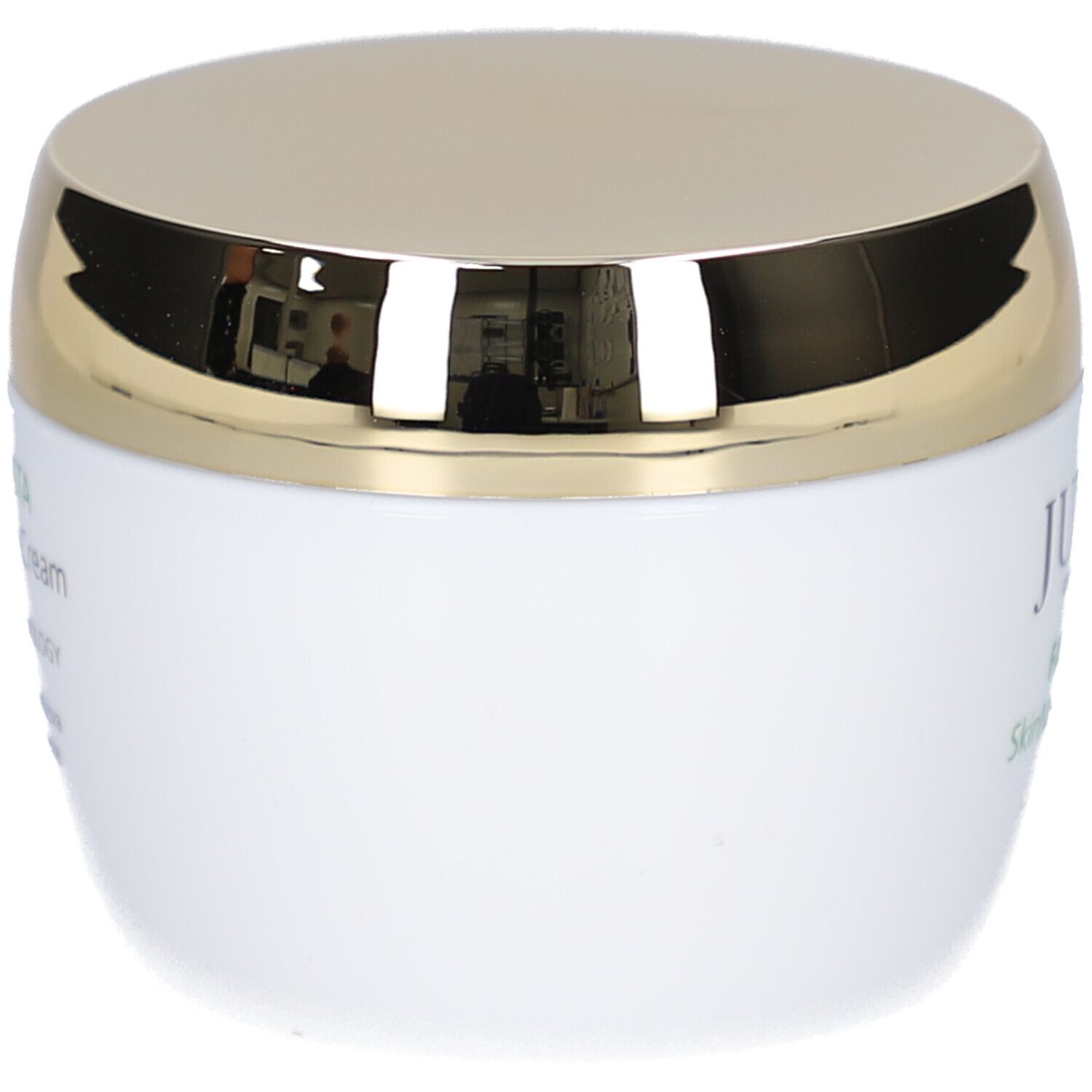 Pot blanc avec couvercle doré. Inscription non visible.