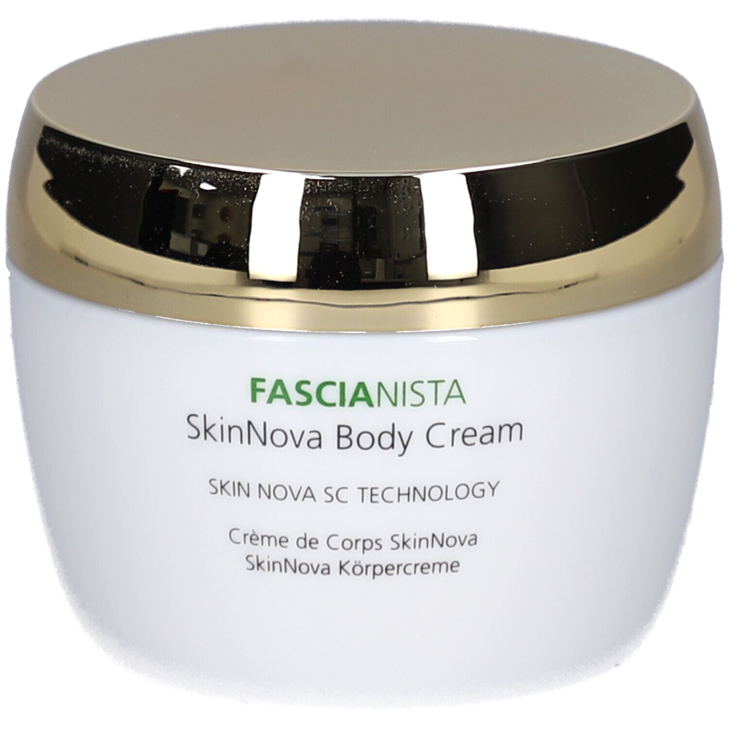 Pot blanc avec couvercle doré. Inscription: Fascionista SkinNova Body Cream. Logo vert.