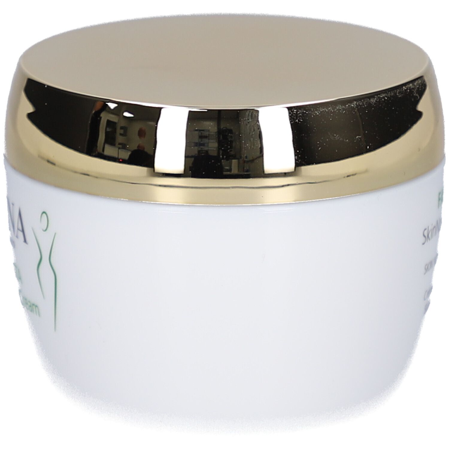 Pot blanc avec couvercle doré. Inscription non visible.