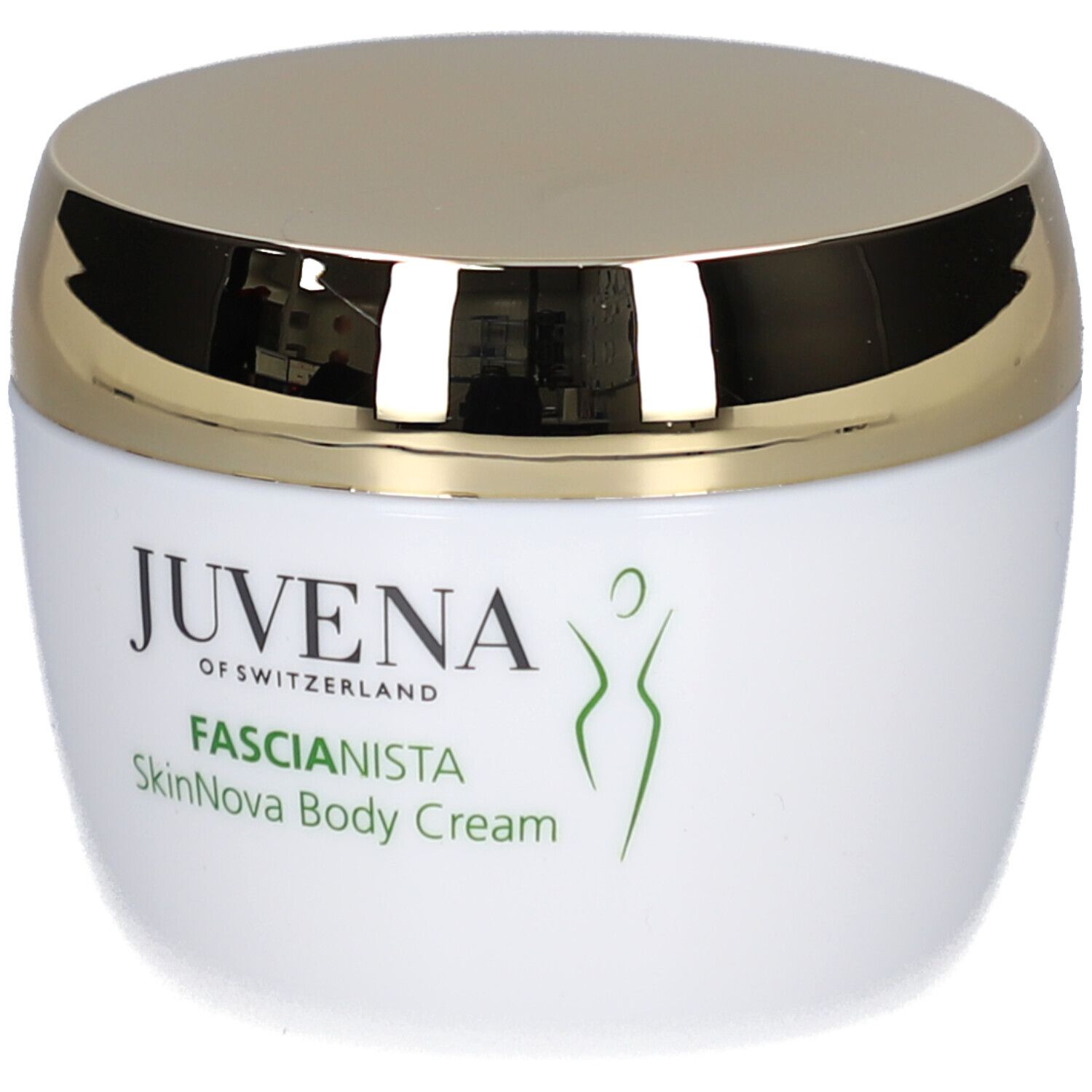 Pot blanc avec couvercle doré. Inscription: Juvena, Fascionista SkinNova Body Cream. Logo vert.