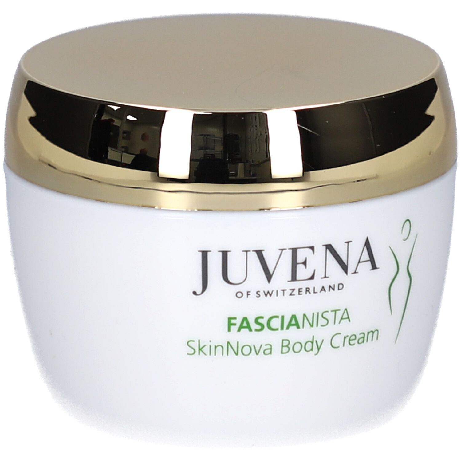 Pot blanc avec couvercle doré. Inscription: Juvena, Fascionista SkinNova Body Cream. Logo vert.