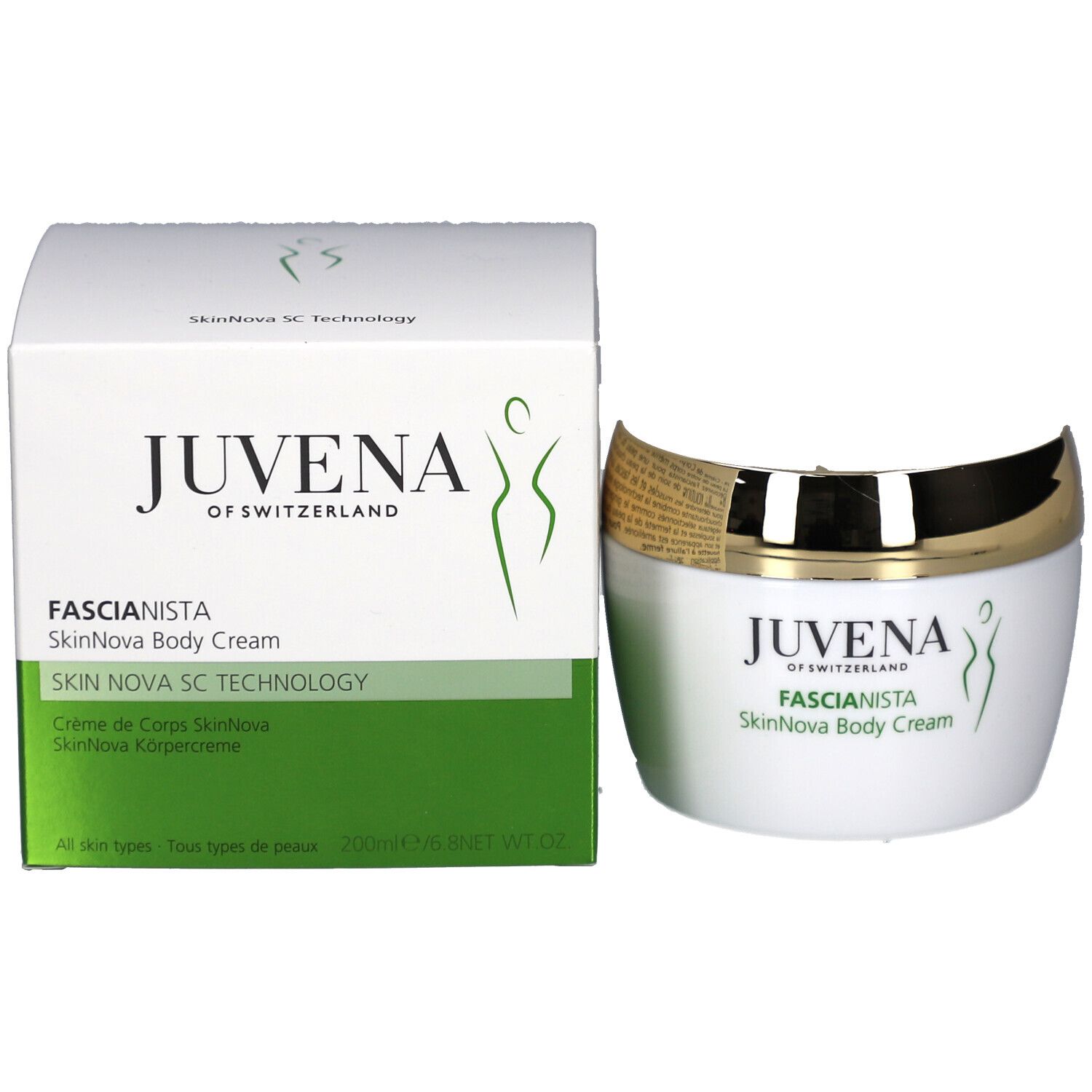 Emballage et pot du produit. Emballage avec inscription: Juvena, Fascionista SkinNova Body Cream. Logo vert.