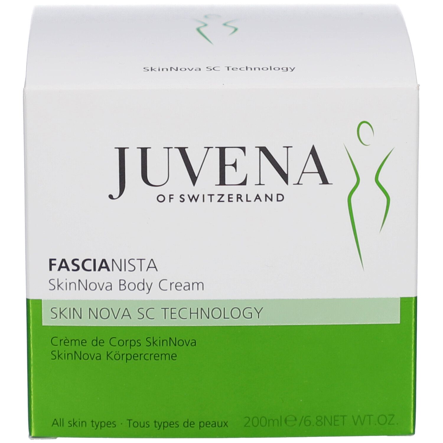 Emballage du produit. Inscription: Juvena, Fascionista SkinNova Body Cream. Logo vert. 200ml.