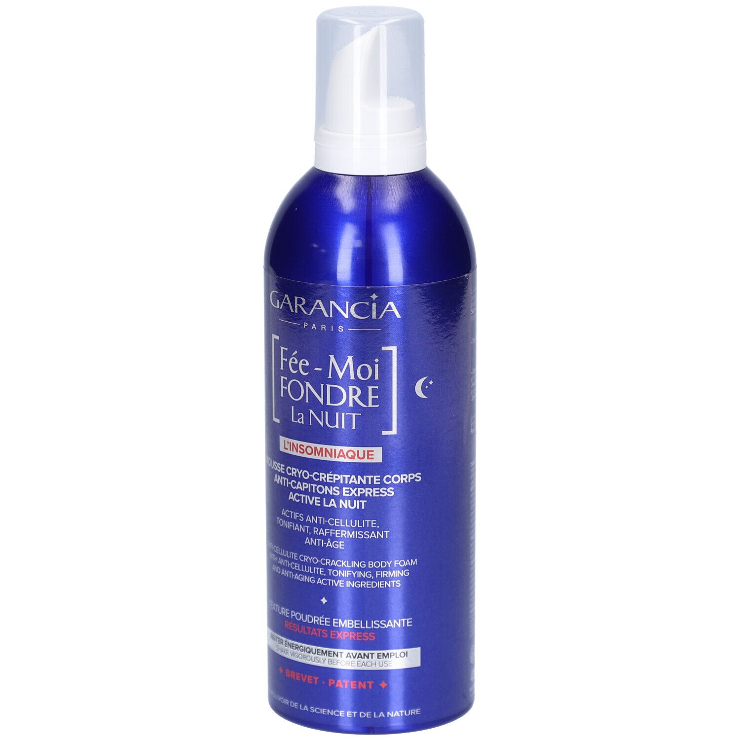 Blaue Flasche mit weißem Sprühkopf. Aufschrift: GARANCIA, Fée-Moi Fondre La Nuit L'Insomniaque. Produktname und Beschreibung.