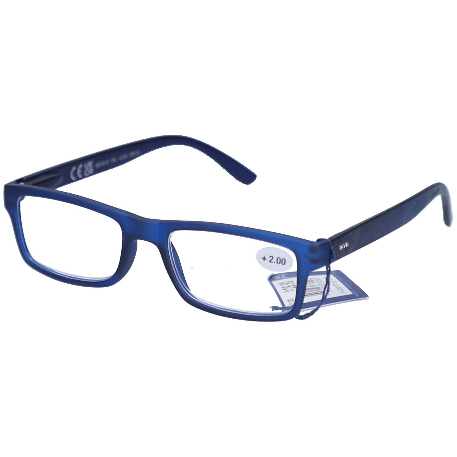 Lunettes de lecture bleues avec verres rectangulaires. "+2.00" sur un verre. "INVU" sur la branche. Avec étiquette.