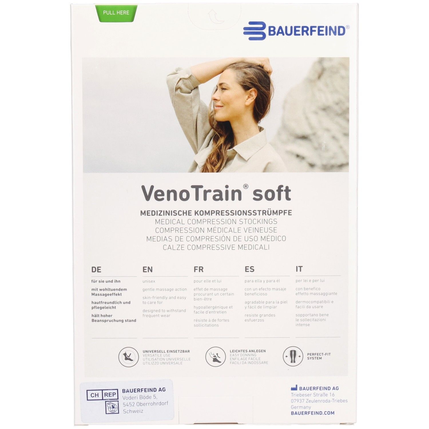 Verpackung von Kompressionsstrümpfen. Rückseite mit Produktnamen und Text in mehreren Sprachen. Frau im Hintergrund.