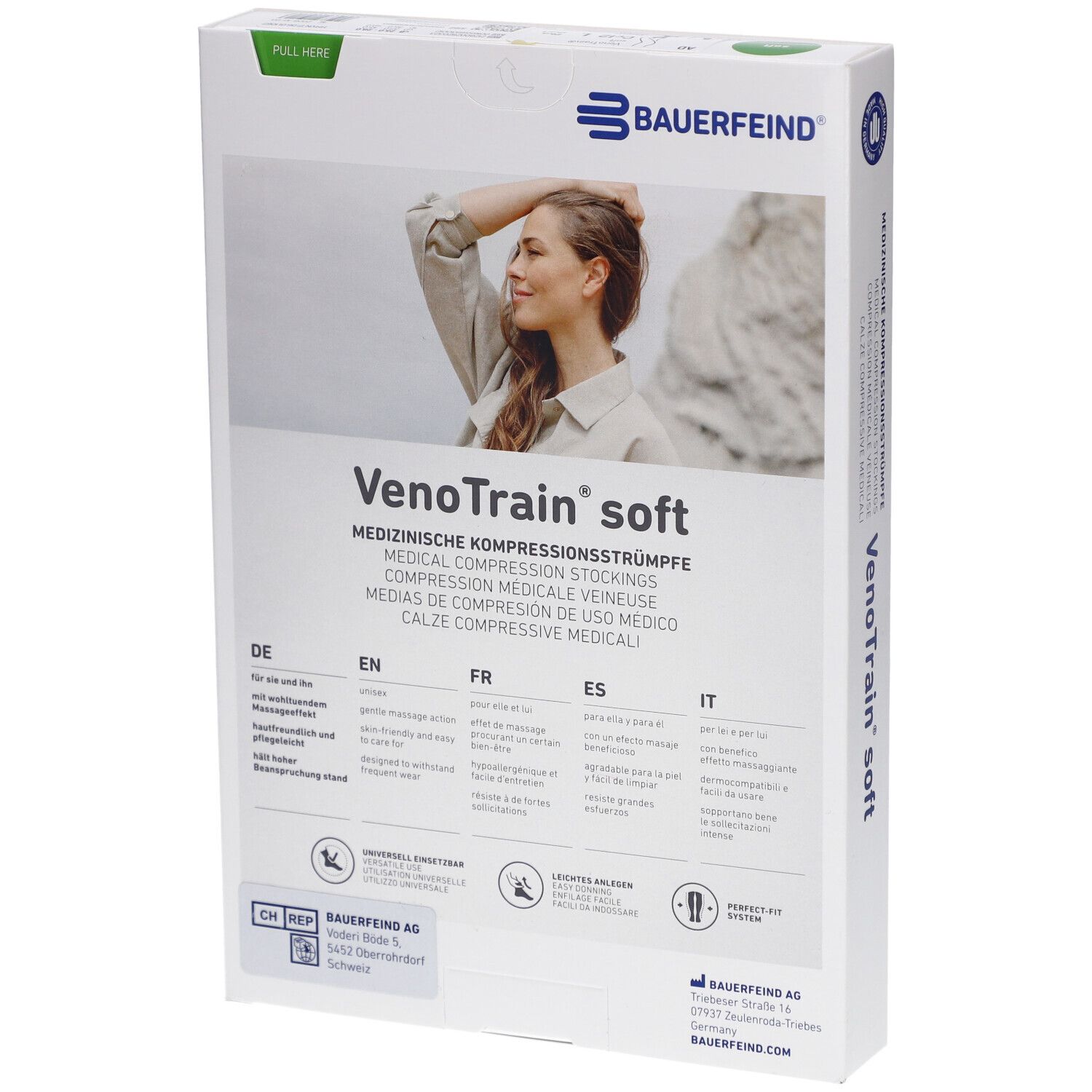 Rückseite der Verpackung mit Kompressionsstrümpfen. Aufdruck: VenoTrain soft, medizinische Kompressionsstrümpfe. Texte in mehreren Sprachen.