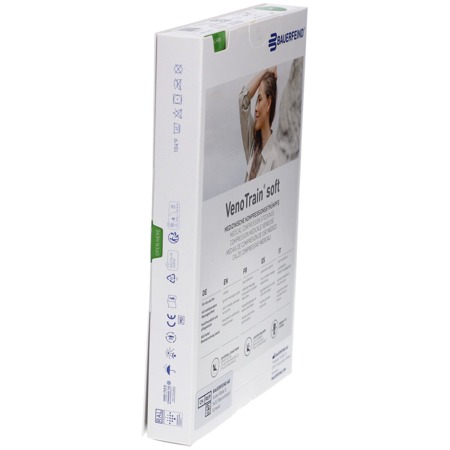 Seite der Verpackung mit Kompressionsstrümpfen. Aufdruck: VenoTrain soft, medizinische Kompressionsstrümpfe. Waschsymbole und Logos.