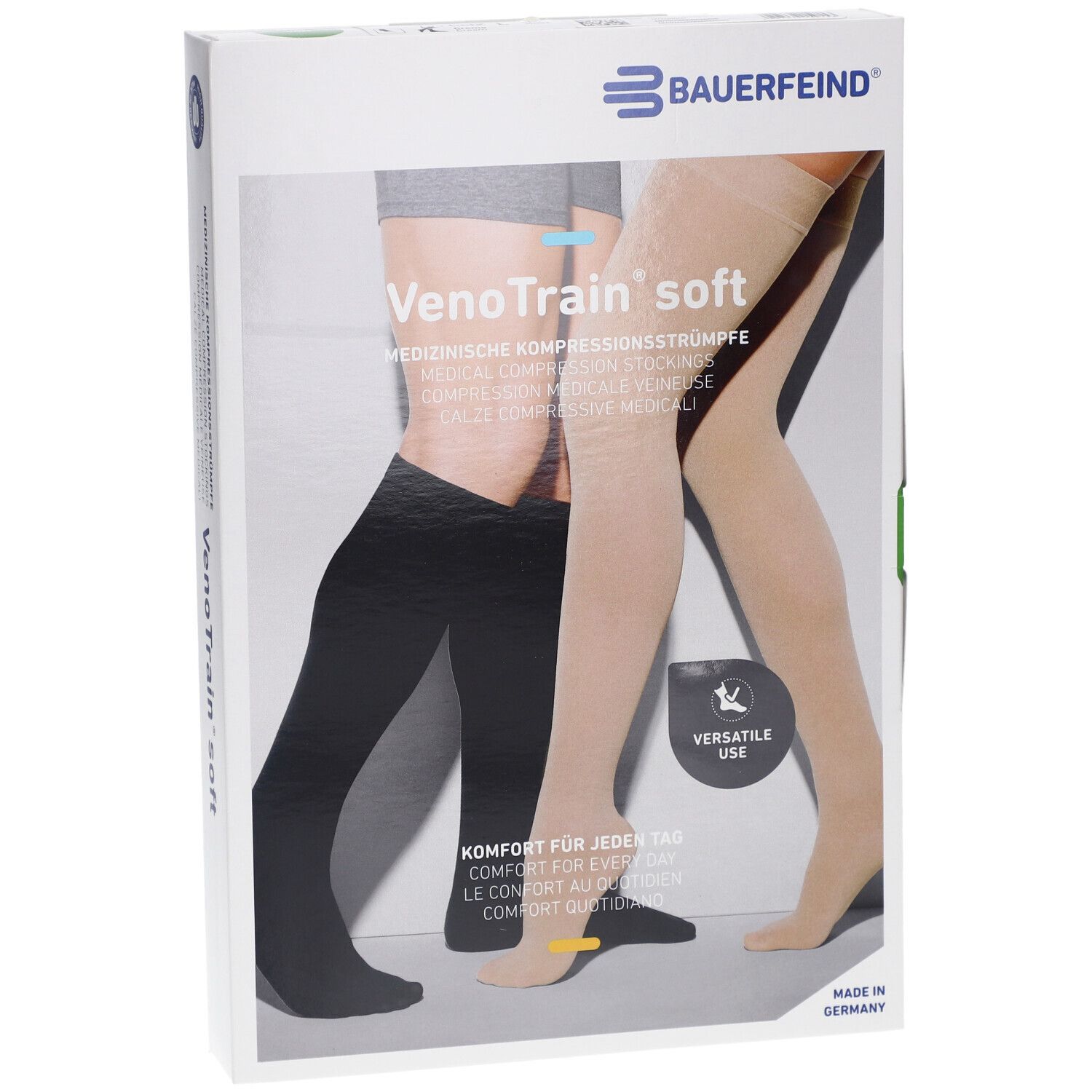 Verpackung mit Kompressionsstrümpfen. Aufdruck: VenoTrain soft, medizinische Kompressionsstrümpfe. Beige und schwarze Strümpfe abgebildet.