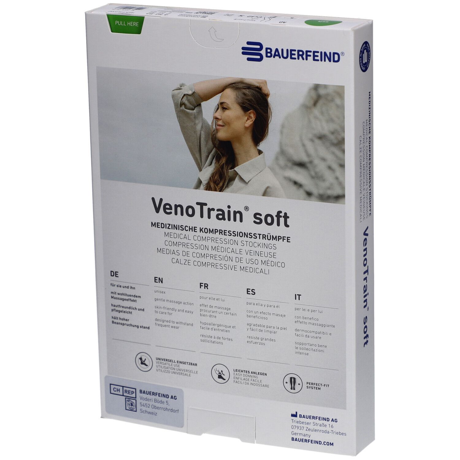 Rückseite der Verpackung mit Kompressionsstrümpfen. Text in Deutsch, Englisch, Französisch, Spanisch und Italienisch. Marke: BAUERFEIND, VenoTrain soft.