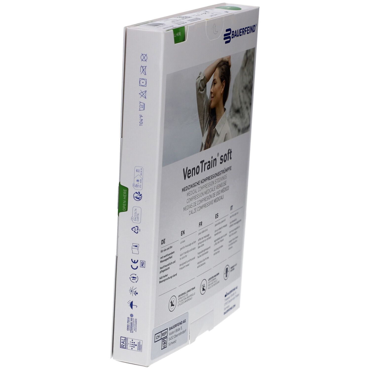 Seitenansicht der Verpackung mit Kompressionsstrümpfen. Aufdrucke mit Symbolen und Text. Marke: BAUERFEIND, VenoTrain soft.