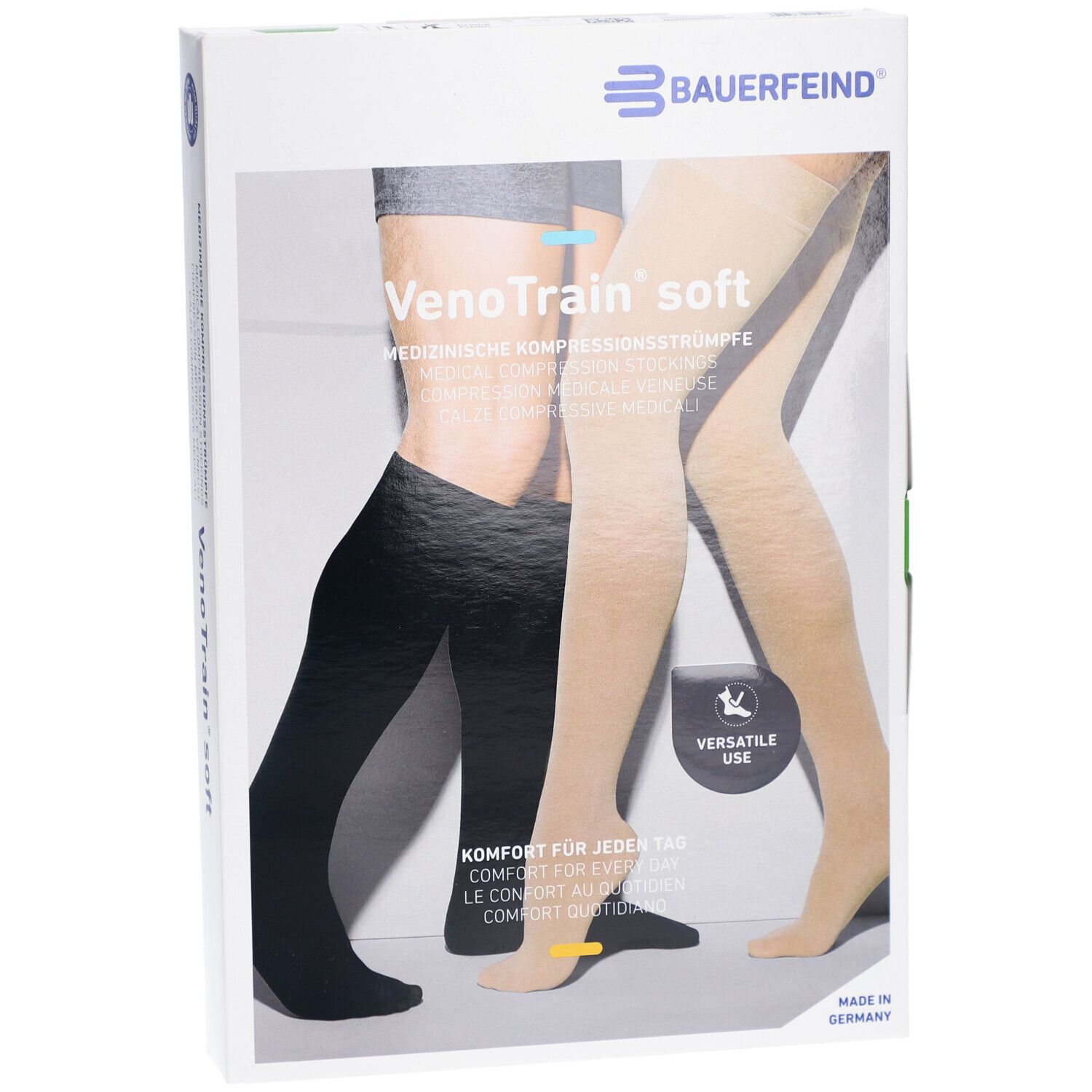 Verpackung mit Kompressionsstrümpfen. Abgebildet sind zwei Beine, eines in Schwarz, eines in Creme. Marke: BAUERFEIND, VenoTrain soft.