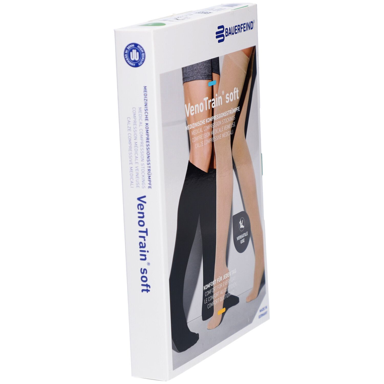 Verpackung, seitliche Ansicht. Aufdruck: VenoTrain soft, medizinische Kompressionsstrümpfe. Logo Bauerfeind. Made in Germany.