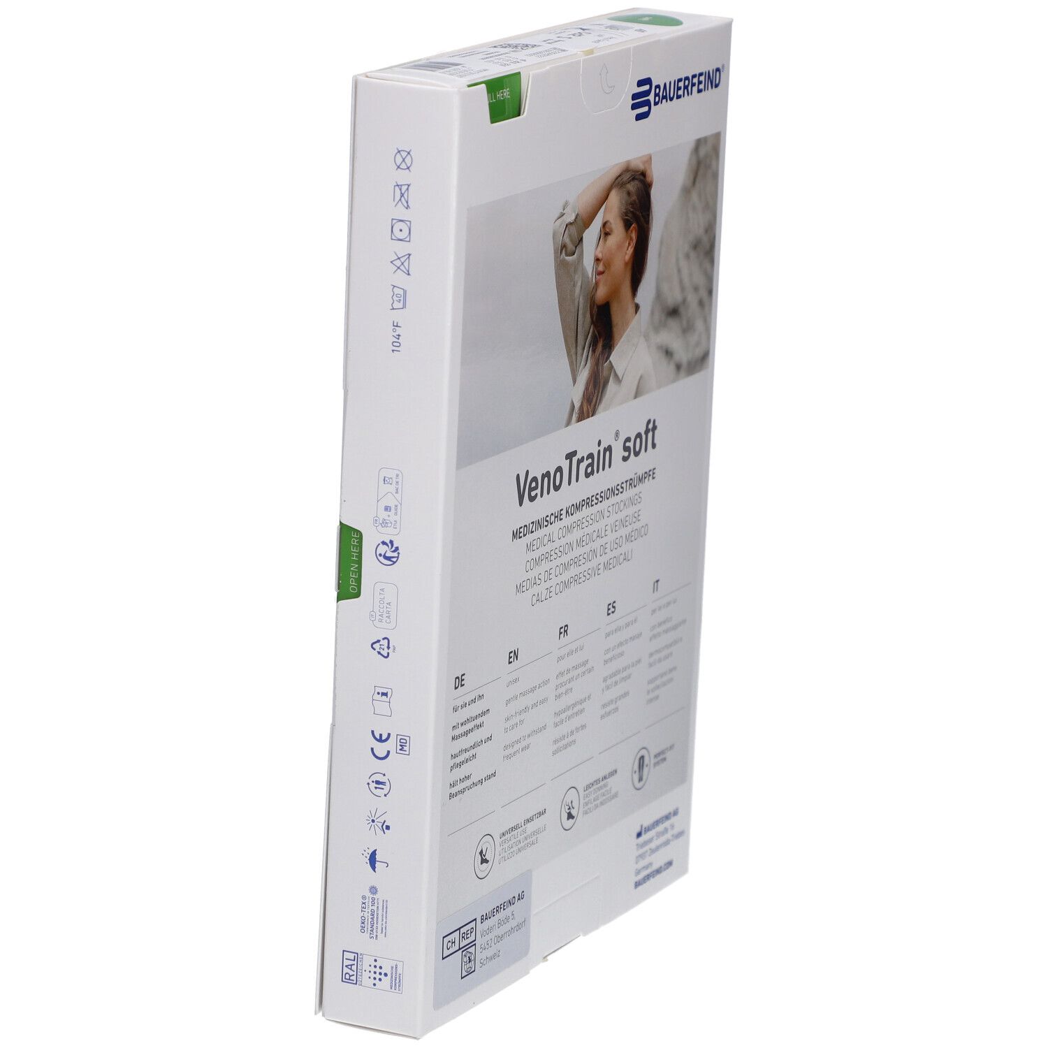 Verpackung, seitliche Ansicht. Aufdruck: VenoTrain soft, medizinische Kompressionsstrümpfe. Logo Bauerfeind. Made in Germany.