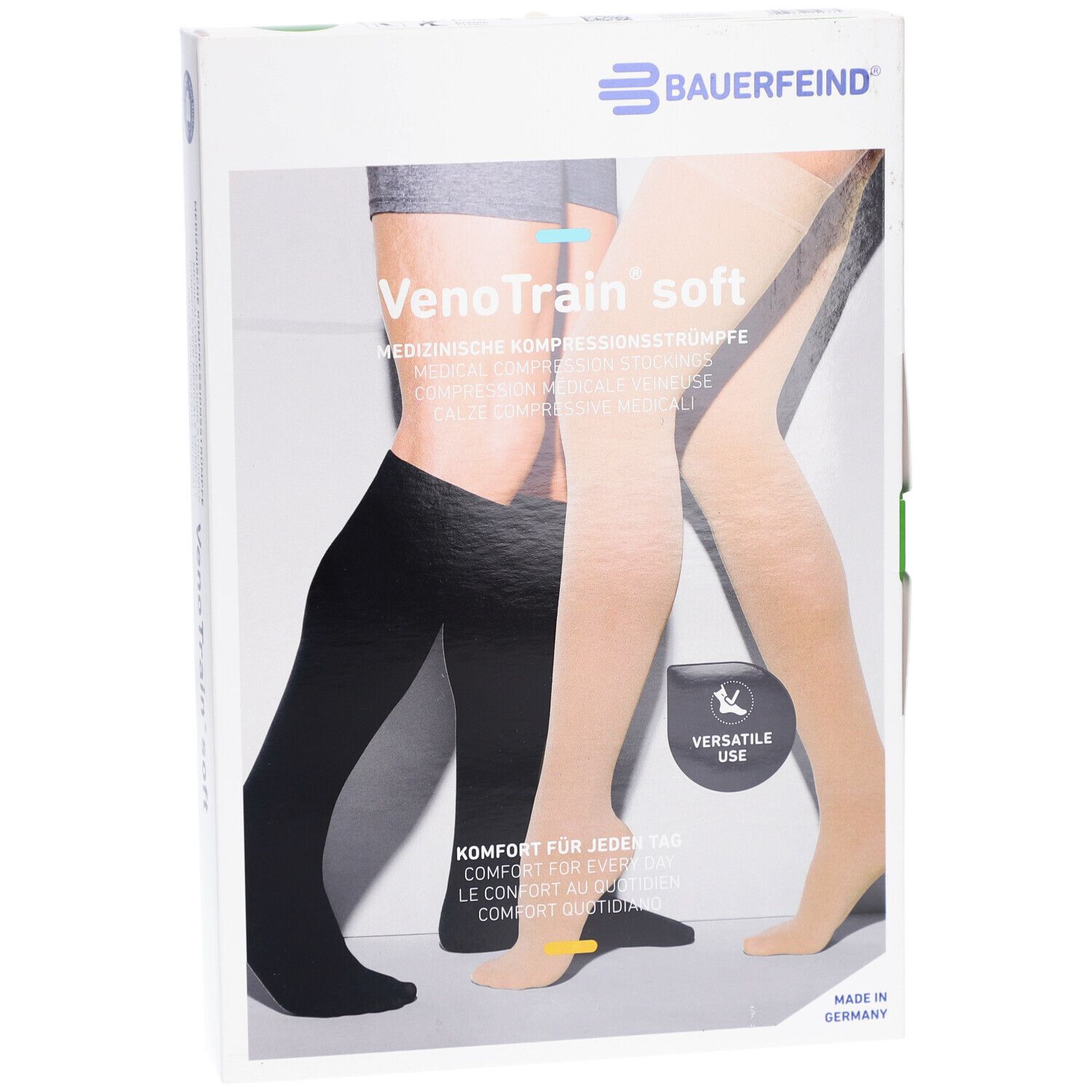 Verpackung mit Kompressionsstrümpfen. Aufdruck: VenoTrain soft, medizinische Kompressionsstrümpfe. Abbildung: Bein mit Strumpf.