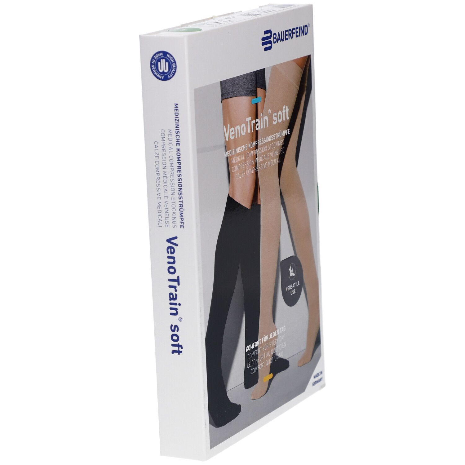 Verpackung mit Kompressionsstrümpfen. VenoTrain soft, beige und schwarz. Marke Bauerfeind. Medizinische Kompressionsstrümpfe.