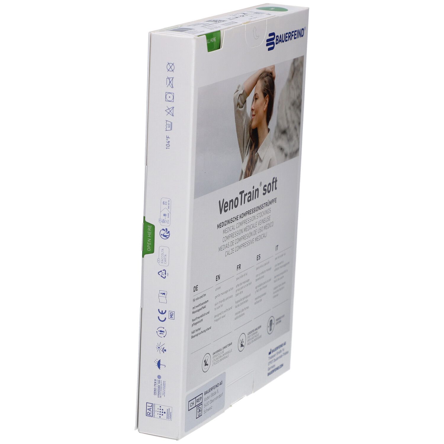 Verpackung mit Kompressionsstrümpfen. VenoTrain soft, beige. Marke Bauerfeind. Medizinische Kompressionsstrümpfe. Seite mit Text.