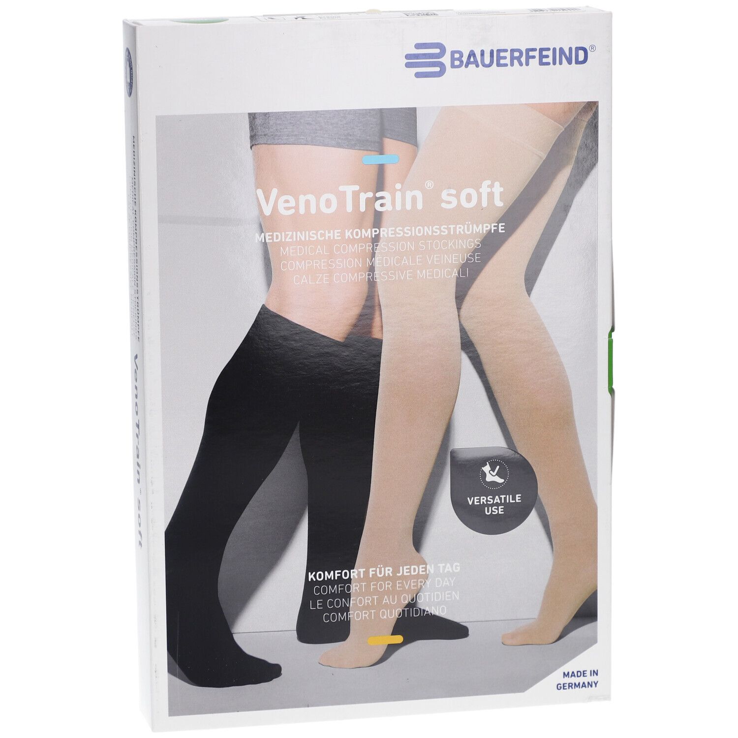Verpackung mit Kompressionsstrümpfen. VenoTrain soft, beige und schwarz. Marke Bauerfeind. Medizinische Kompressionsstrümpfe.
