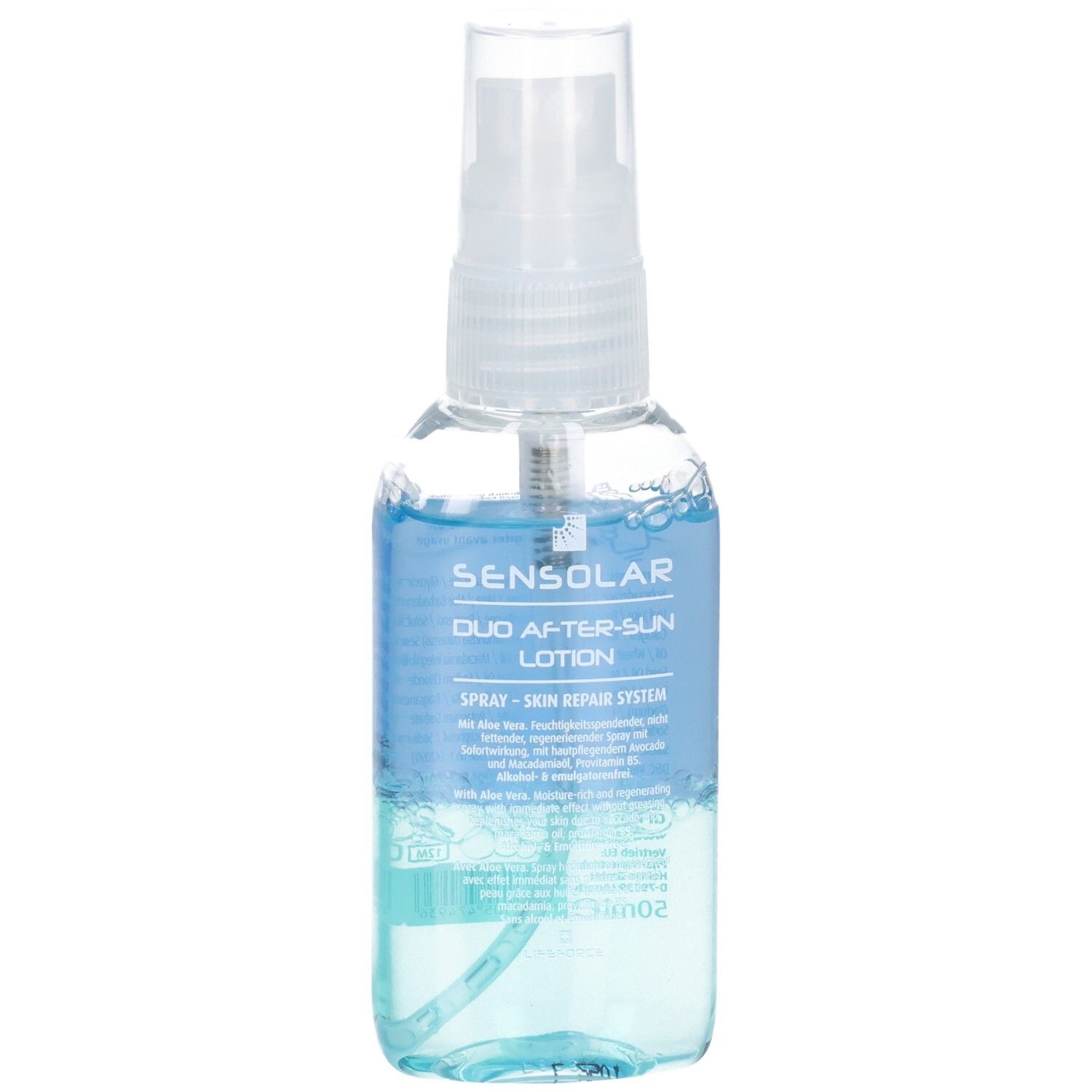 Transparente Flasche mit Sprühkopf. Aufschrift: Sensolar Duo After-Sun Lotion. Blaue Flüssigkeit sichtbar.
