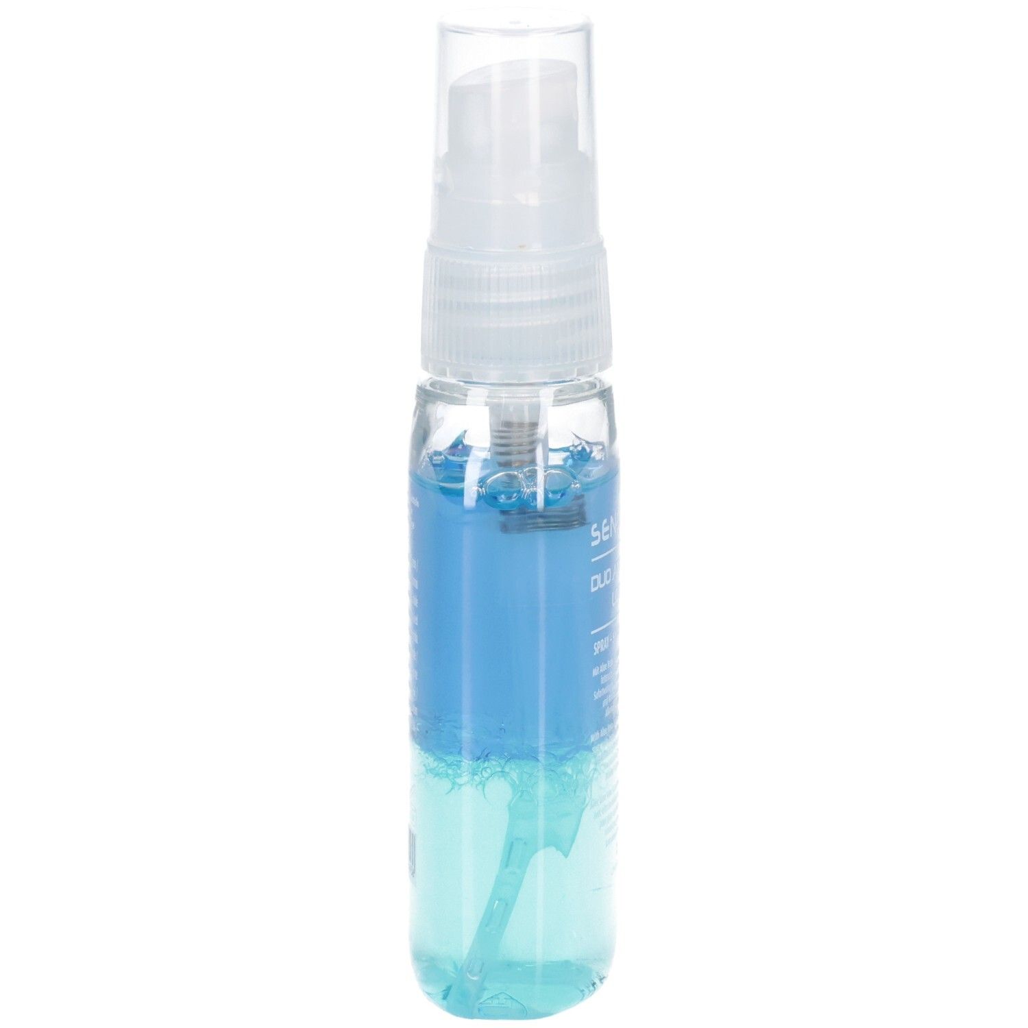 Schmale, transparente Flasche mit Sprühkopf. Blaue Flüssigkeit im Inneren. Produktetikett.