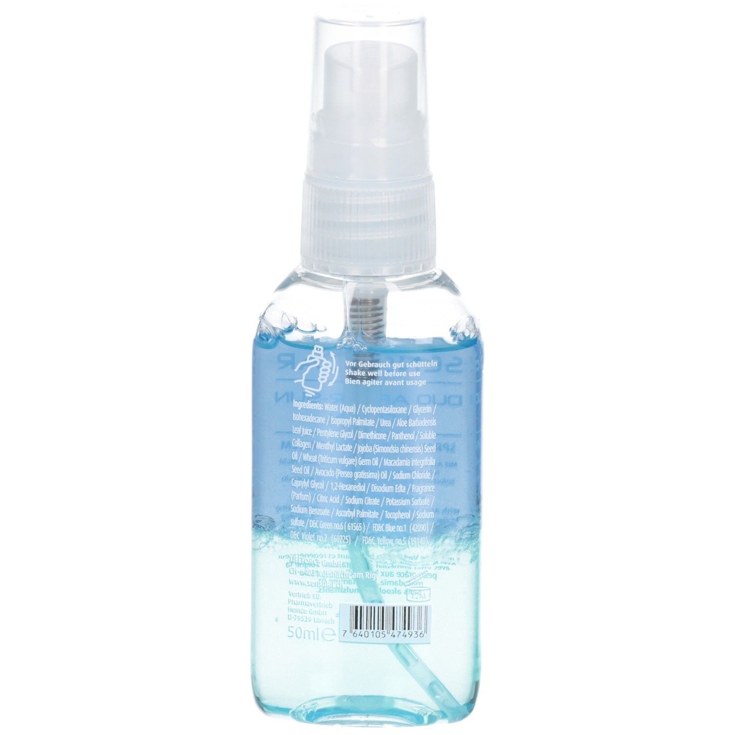 Rückseite einer transparenten Flasche mit Sprühkopf. Produktinformationen und Barcode.
