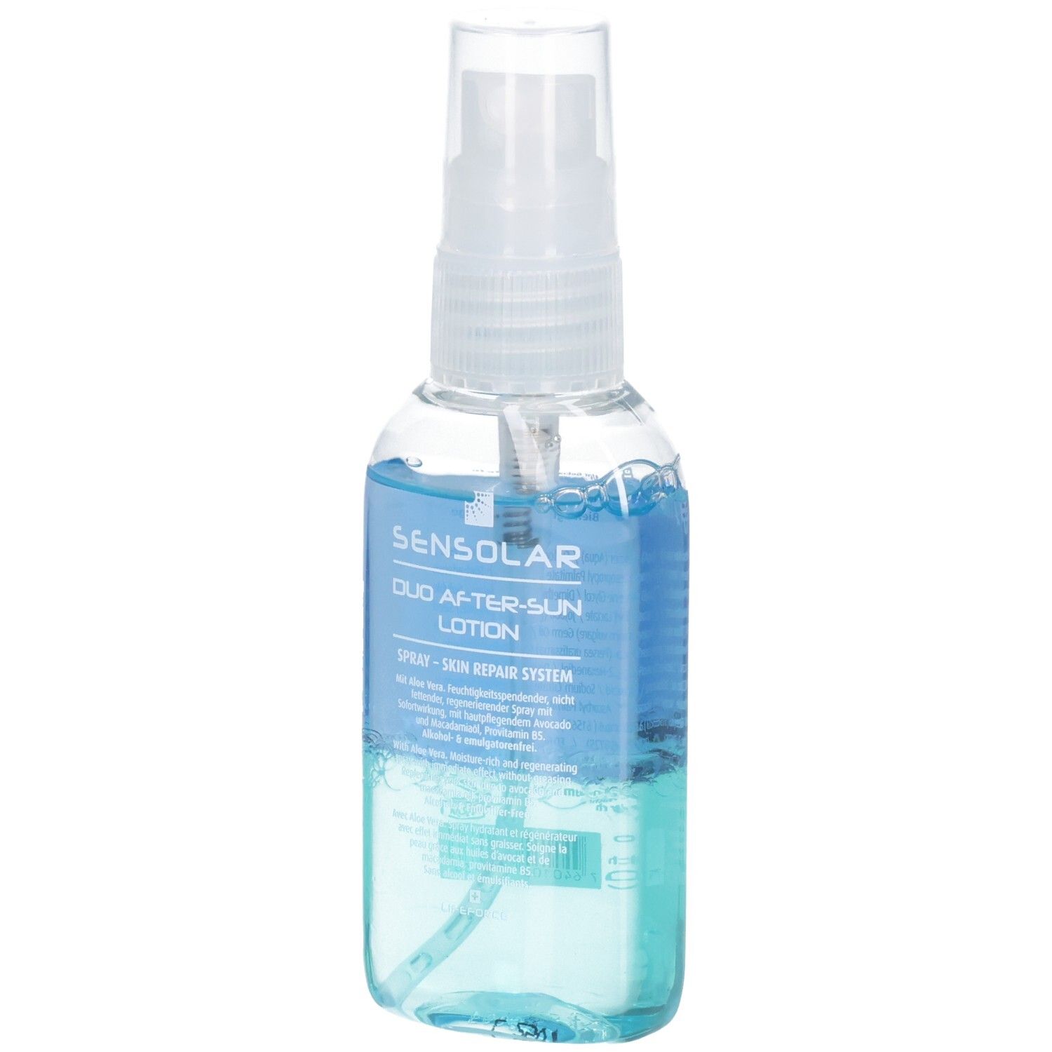 Transparente Flasche mit Sprühkopf. Aufschrift: Sensolar Duo After-Sun Lotion. Blaue Flüssigkeit sichtbar.