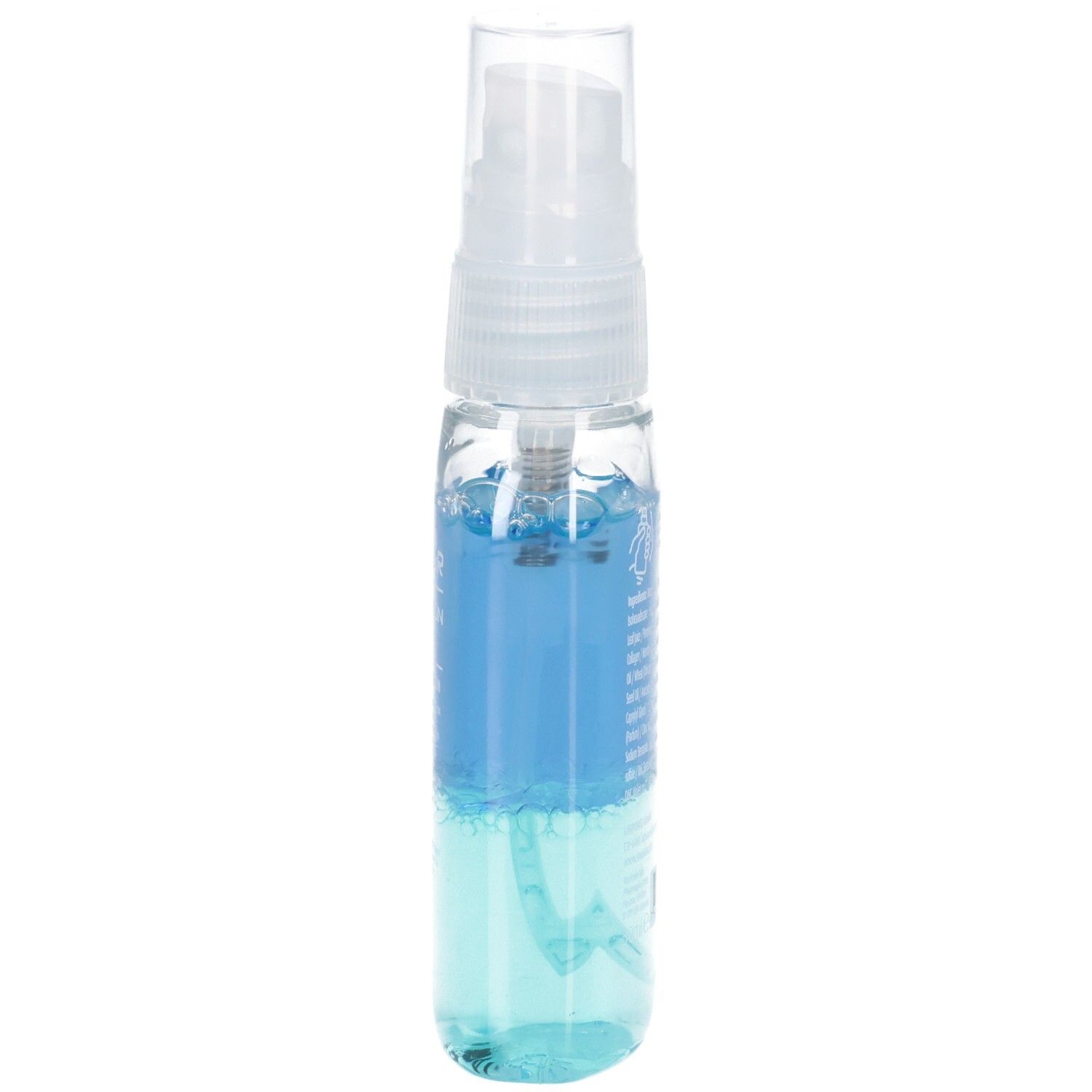 Schmale, transparente Flasche mit Sprühkopf. Blaue Flüssigkeit im Inneren. Produktetikett.