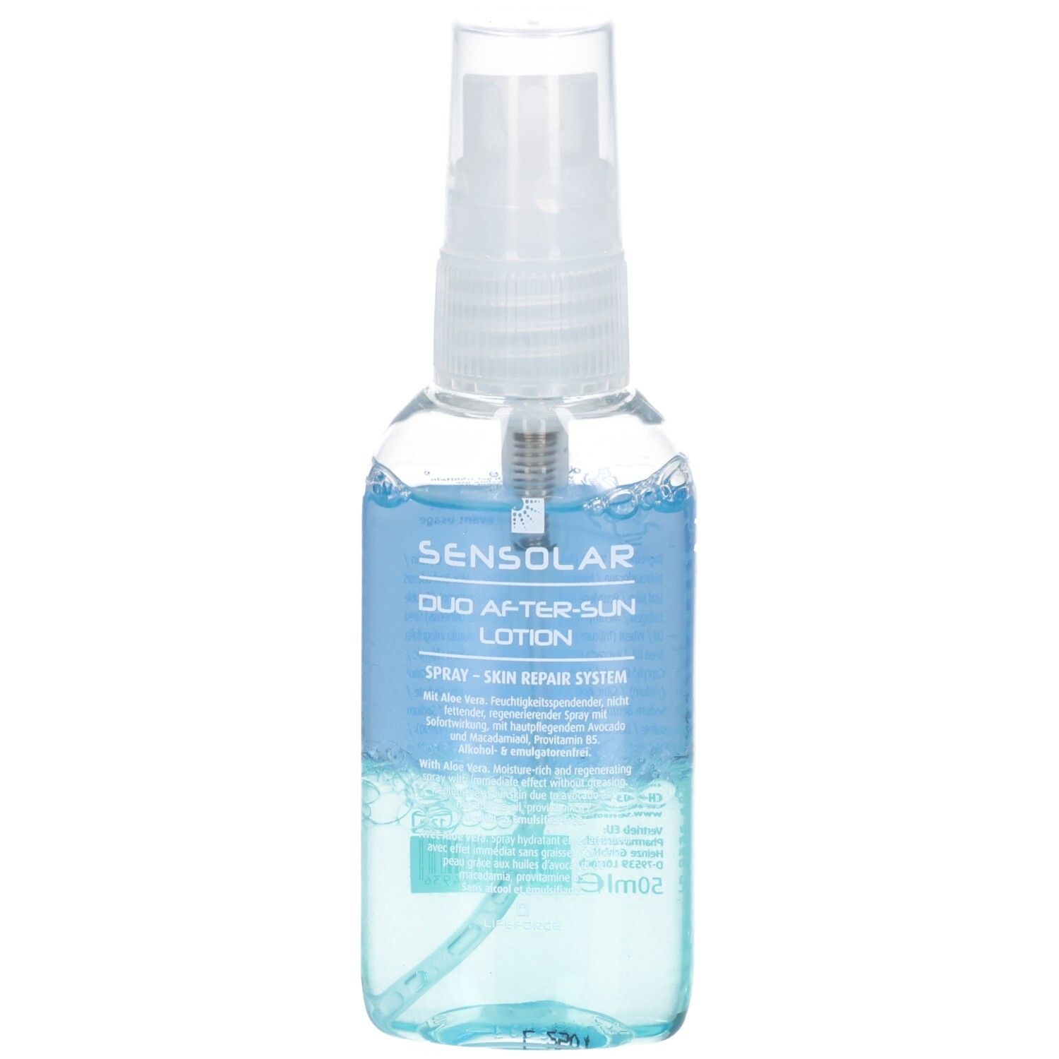 Transparente Flasche mit Sprühkopf. Aufschrift: Sensolar Duo After-Sun Lotion. Blaue Flüssigkeit sichtbar.