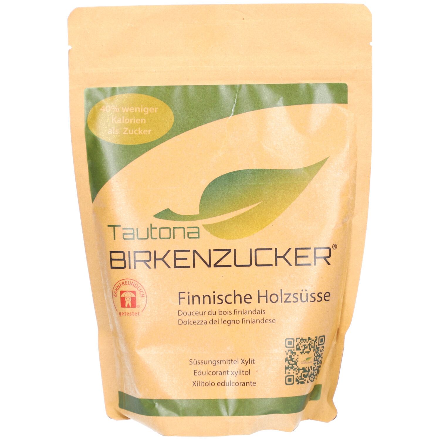 Beutel mit Birkenzucker. Aufdruck: Tautona Birkenzucker, finnische Holzsüße. Grünes Blatt-Logo. Siegel.