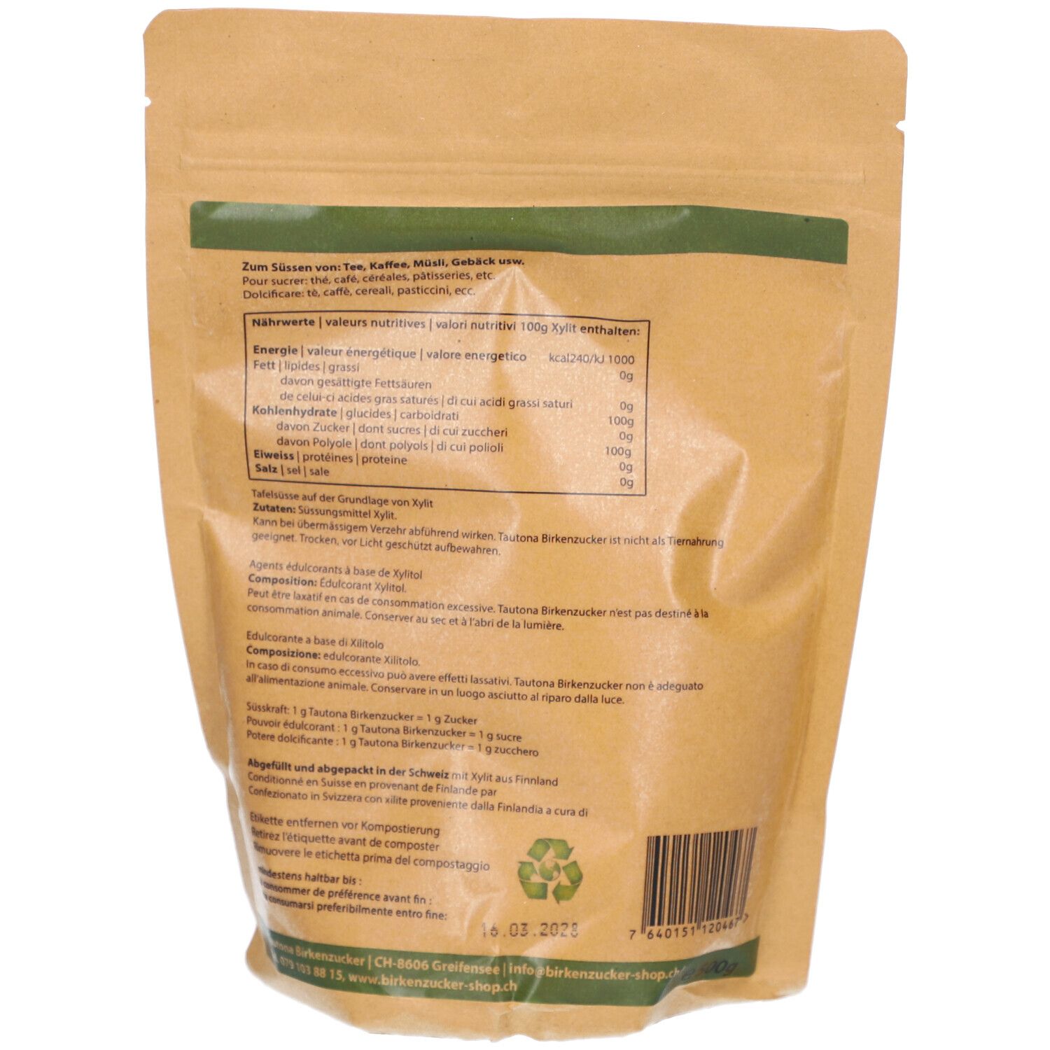 Rückseite des Beutels. Text mit Nährwertangaben, Zutaten, Gebrauchsanweisung. Recycling-Symbol.