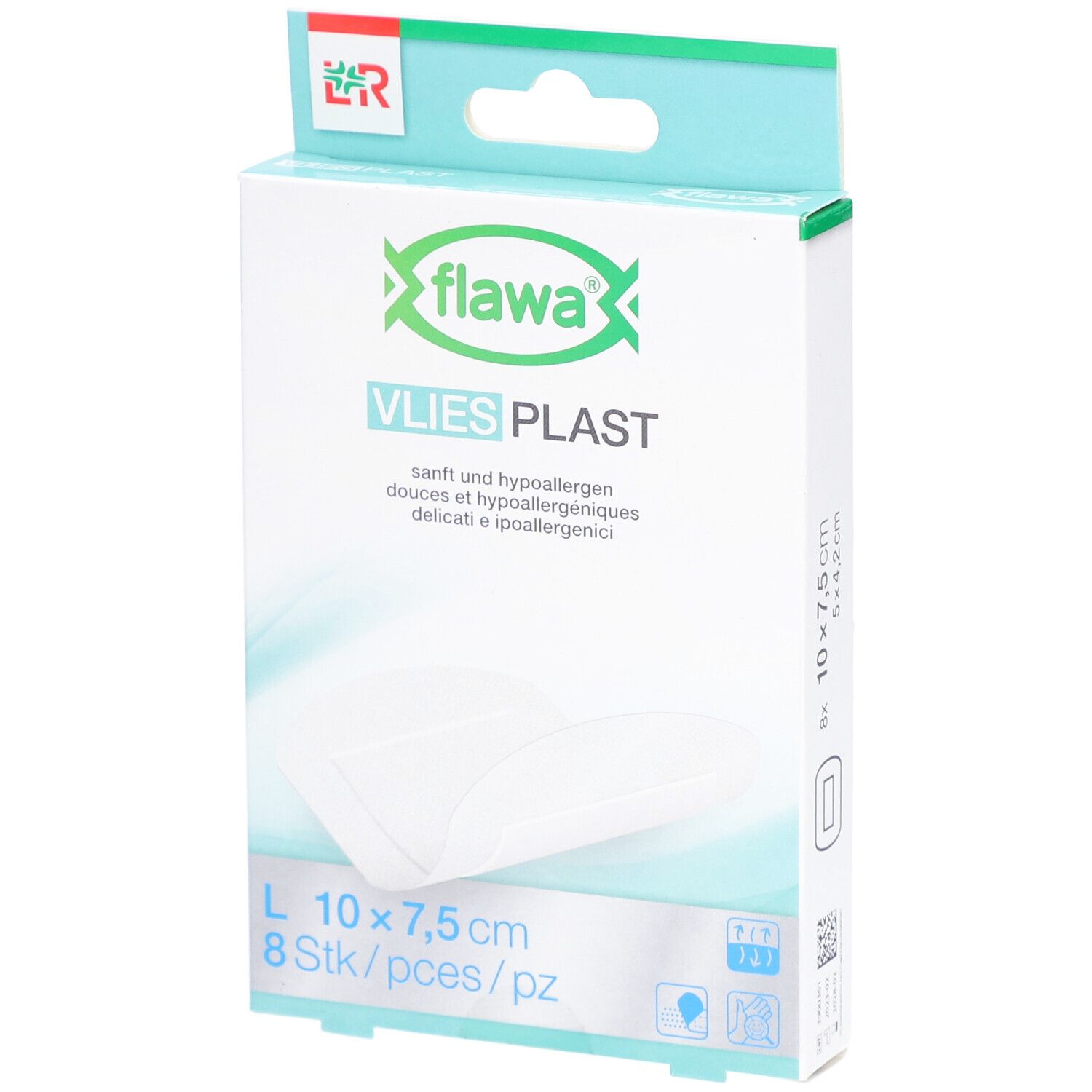 Verpackung mit Pflastern. Marke flawa, Schriftzug Vlies Plast. Größe 10 x 7,5 cm, 8 Stück. Weiches, hypoallergenes Pflaster.