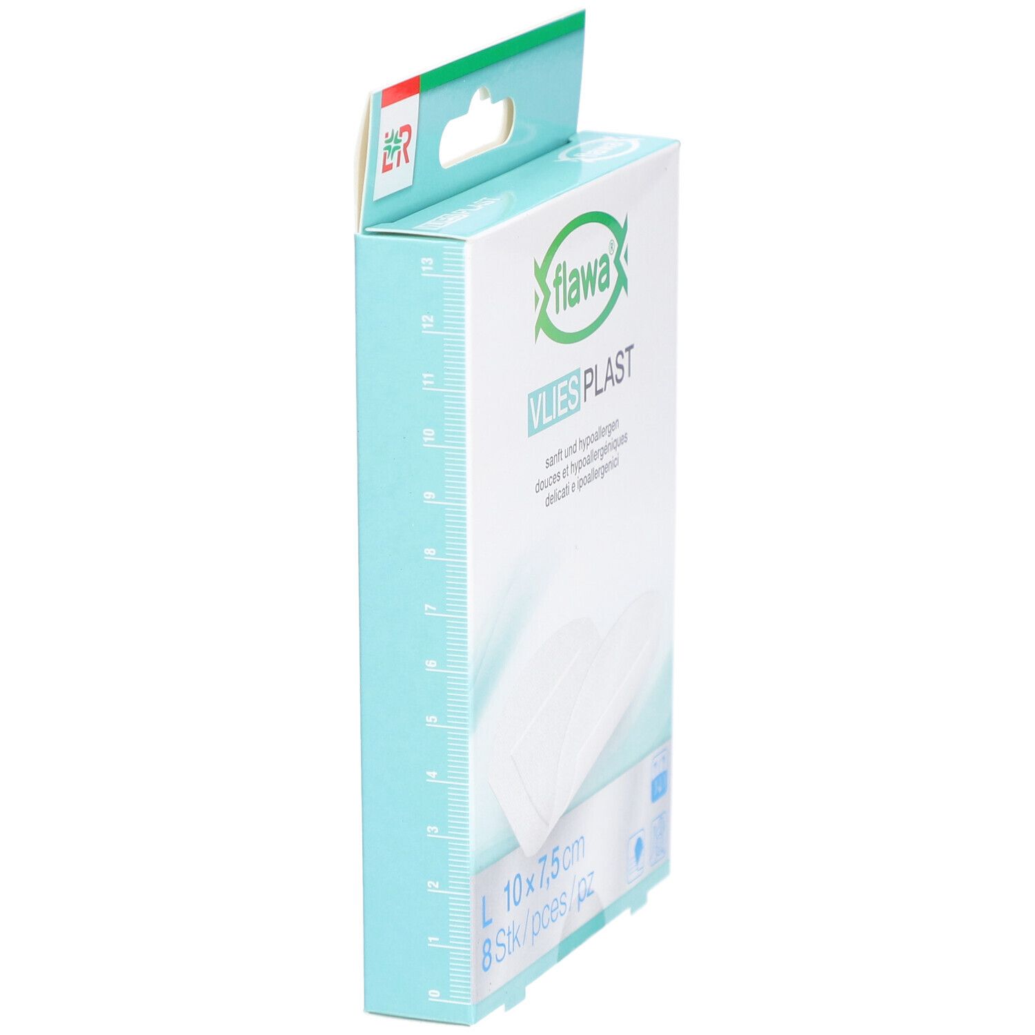 Verpackung, flawa Vlies Plast. Seite mit Größenangabe: 10 x 7,5 cm, 8 Stück. Weiches, hypoallergenes Pflaster.