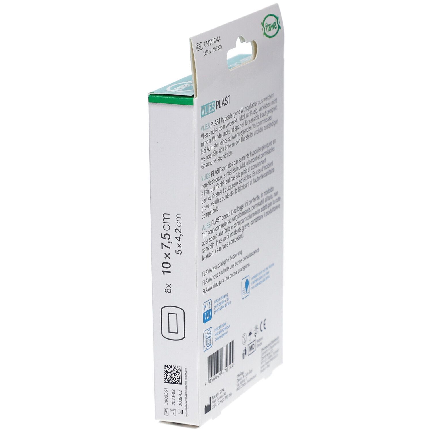Verpackung, flawa Vlies Plast. Seite mit Größenangabe: 10 x 7,5 cm, 8 Stück. Weiches, hypoallergenes Pflaster.